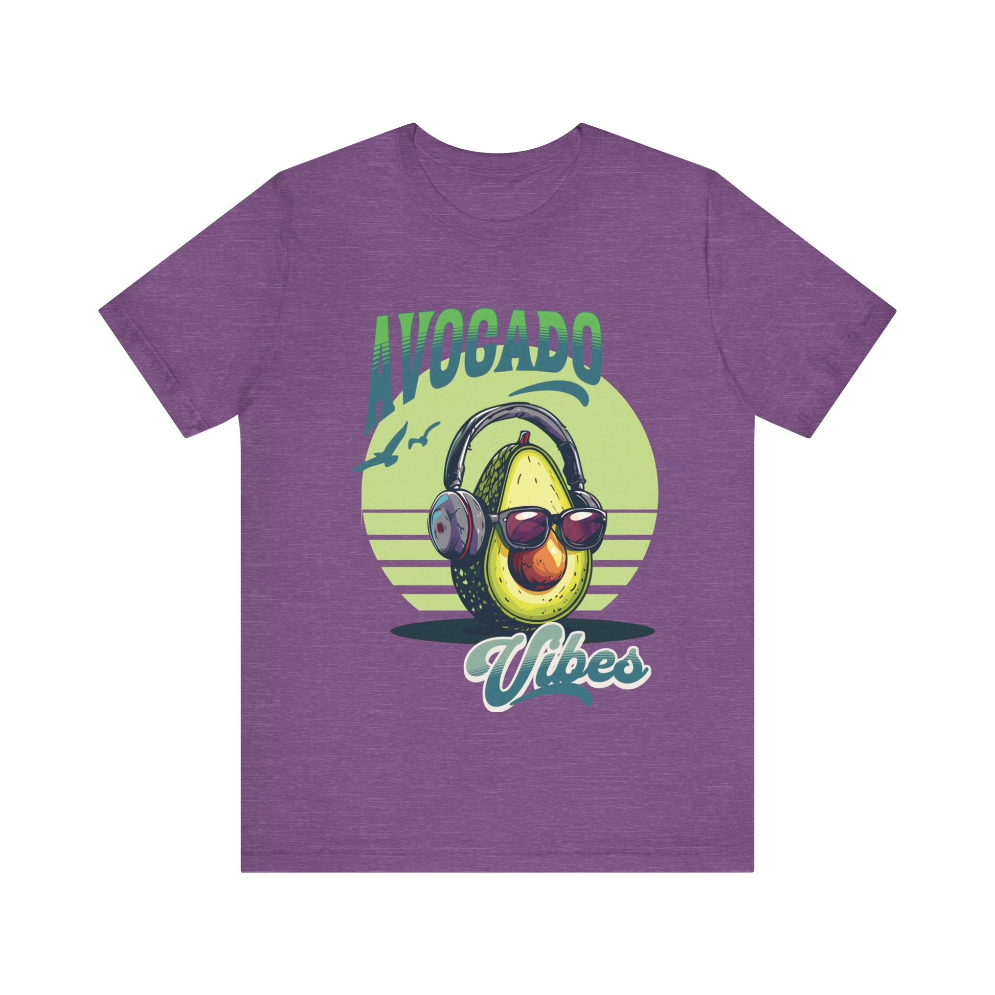 Avocado with headphones and glasses design on Bella Canvas 3001 T-shirt available in Aqua, Athletic Heather, Berry, Black, Dark Grey Heather, Heather Kelly, Heather Navy, Heather Red, Heather Team Purple, Navy, True Royal, White, Heather Aqua.