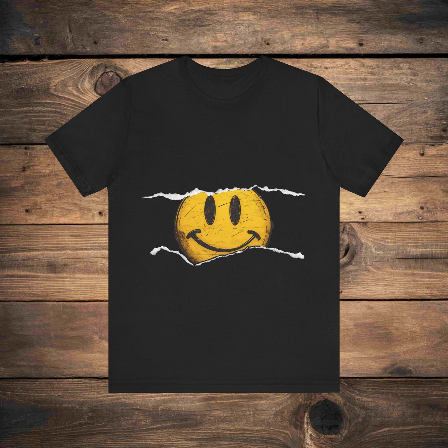 Vintage distressed yellow smiley face printed on a 100% cotton T-shirt, canvas 3001, known for its fresh and comfortable feel. This classic smiley design is available on T-shirts in the following colors: Aqua, Athletic Heather, Berry, Black, Dark Gray Heather, Heather Kelly, Heather Team Purple, Navy, and Heather Aqua.