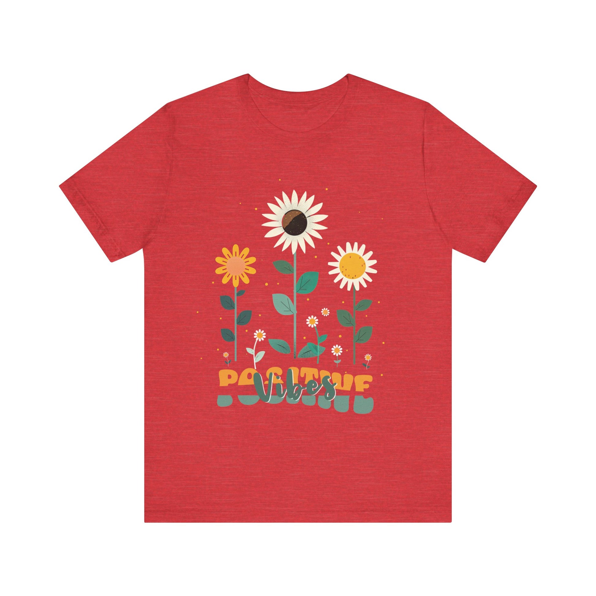 Colorful floral illustration with 'Positive Vibes' - featuring a trio of vibrant flowers, including a sunflower-like bloom with white petals, an orange flower with simple petals, and a yellow flower with round petals, all set against a light backdrop adorned with whimsical dots and the uplifting phrase 'Positive Vibes' in playful orange font, Aqua, Athletic Heather, Berry, Black, Dark Grey, Dark, Grey, Heather, Heather Kelly, Heather Red, Heather Team, Purple, Navy, Pink, Ash, Heather, Aqua, Charity Pink