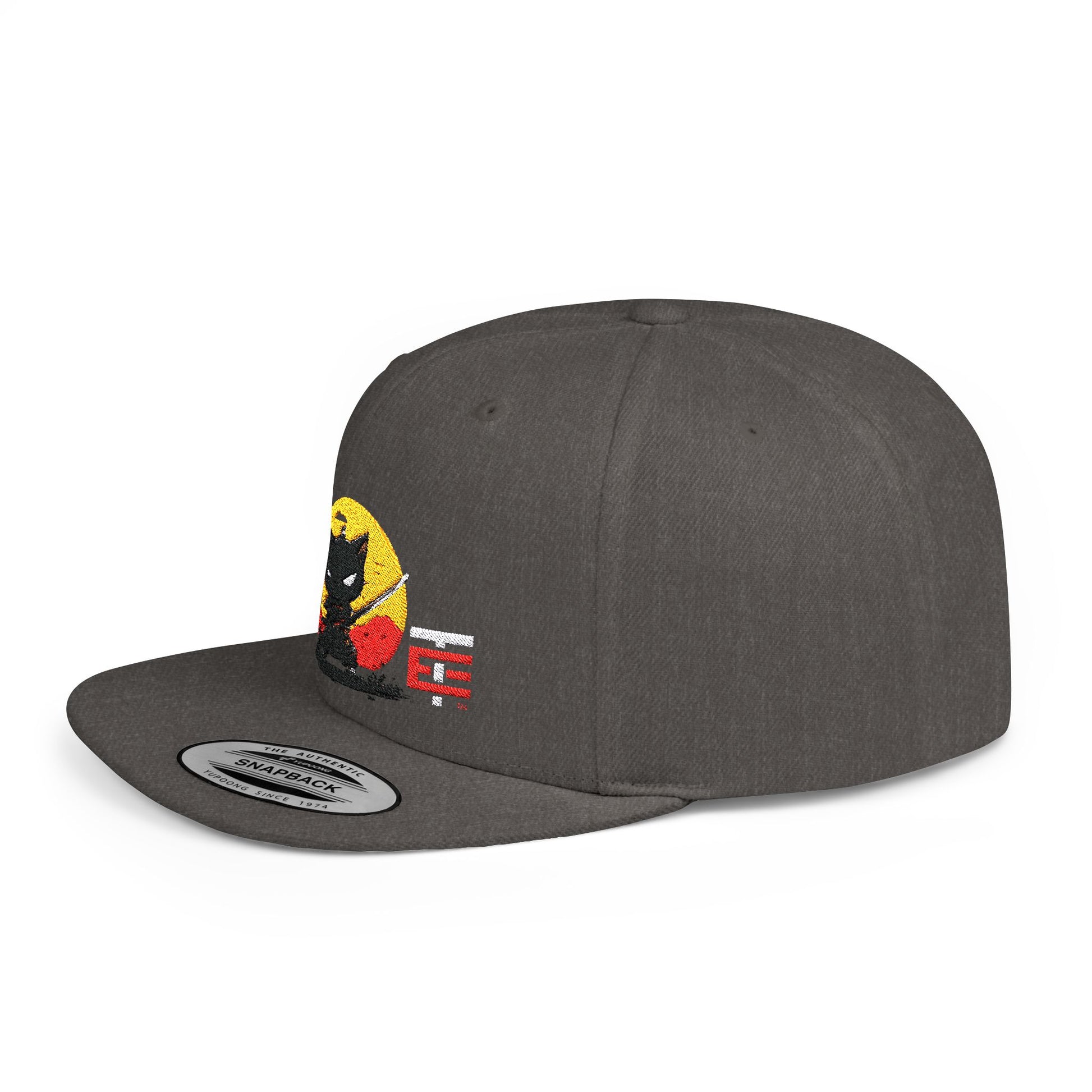 El Temach Gorras Black and red flat bill snapback with embroidered samurai logo against a yellow circular background left side