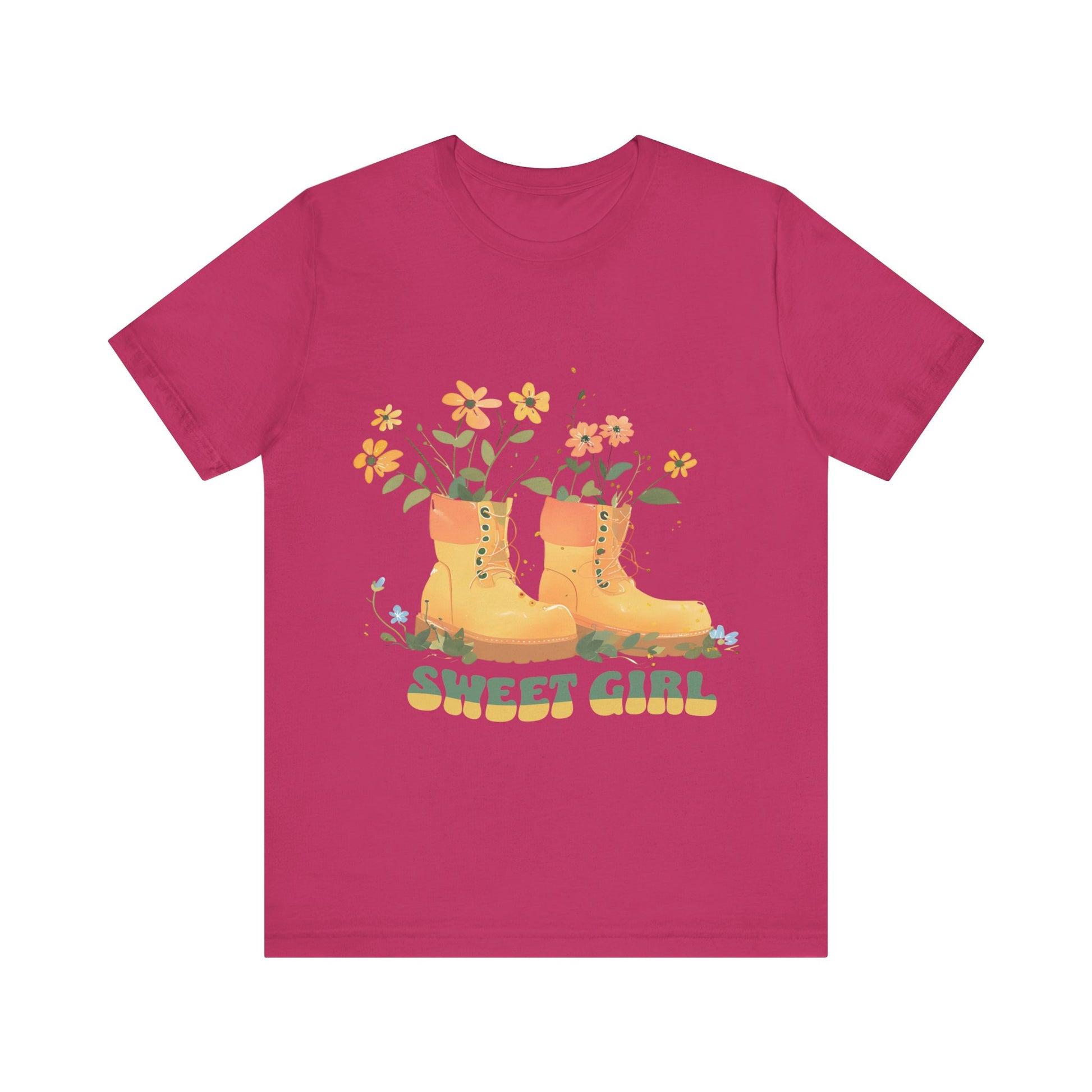 “Chic boho-style boots adorned with floral accents and ‘Sweet Girl’ text, featured on Bella Canvas 3001 t-shirts in a variety of hues Athletic Heather Berry Black Dark Grey Heather Heather Team Purple Navy White Heather Aqua Charity Pink.”