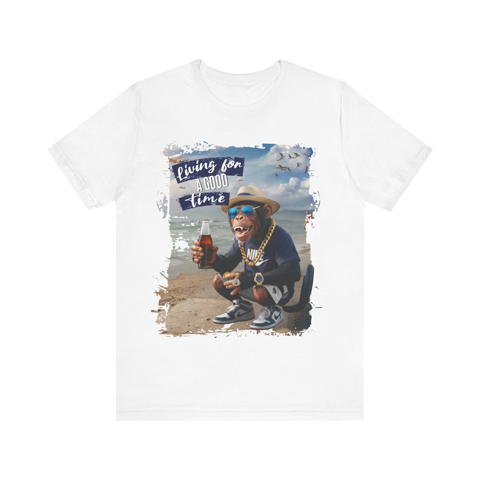 Humorous photo manipulation of a chimp on the beach dressed in hip-hop style with gold chains and sneakers, holding a bottle and money, with the slogan ‘Living for A GOOD TIME’. this image is printed in t-shirts on those colors Aqua Athletic Heather Berry Black Dark Grey Heather Kelly Heather Team Purple Heather True Royal Navy White