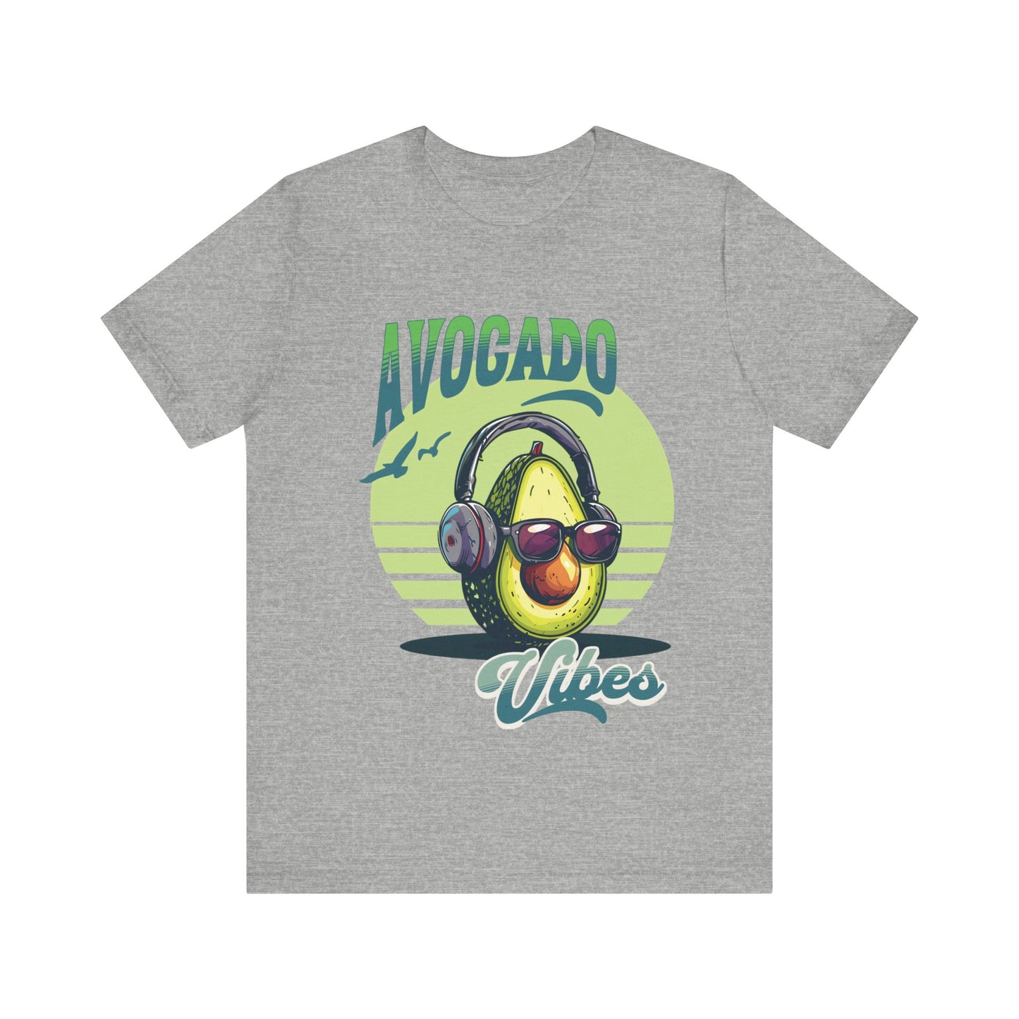 Avocado with headphones and glasses design on Bella Canvas 3001 T-shirt available in Aqua, Athletic Heather, Berry, Black, Dark Grey Heather, Heather Kelly, Heather Navy, Heather Red, Heather Team Purple, Navy, True Royal, White, Heather Aqua.