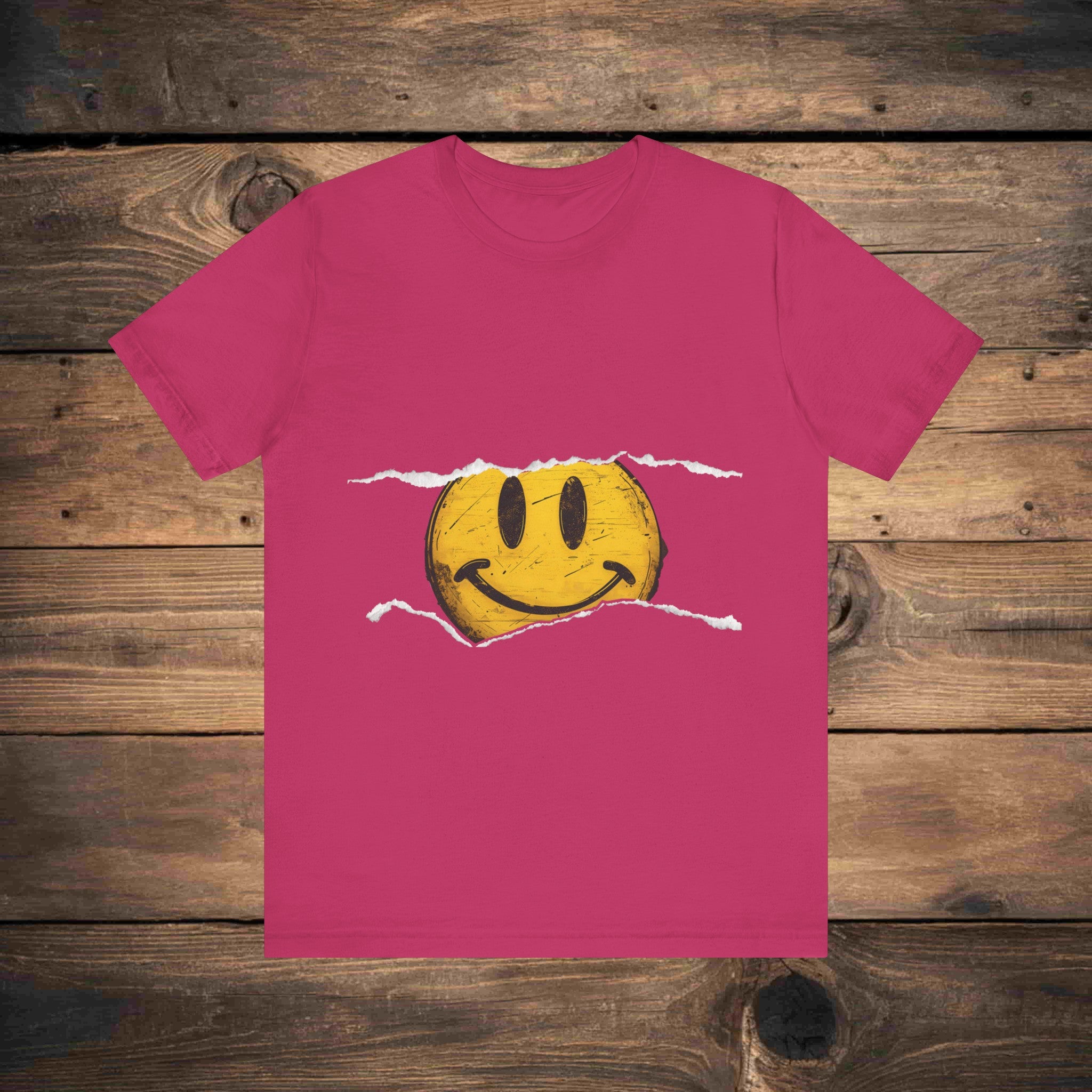 Vintage distressed yellow smiley face printed on a 100% cotton T-shirt, canvas 3001, known for its fresh and comfortable feel. This classic smiley design is available on T-shirts in the following colors: Aqua, Athletic Heather, Berry, Black, Dark Gray Heather, Heather Kelly, Heather Team Purple, Navy, and Heather Aqua.