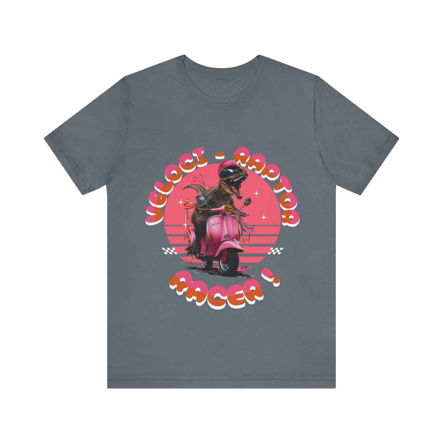 The Design is a Whimsical funny velociraptor riding a pink Vespa scooter with ‘VELOCI-RAPTOR RACER!’ in bold orange-red text on a circular gradient pink, printed in a t-shirt in those colors: Athletic Heather Baby Blue Berry Black Dark Grey Heather Heather Navy Navy Pink Steel Blue White Ash Heather Aqua Charity Pink.