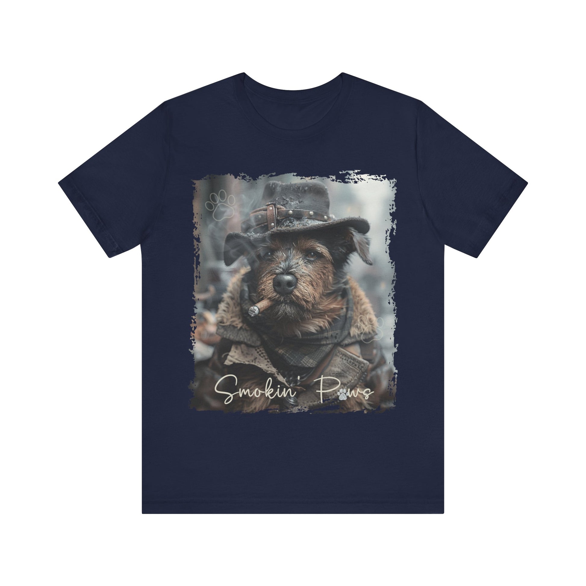 “Smoking Paws: A street-smart stray dog enjoying a cigarette in New York City printed in different colors of t-shirts Aqua Athletic Heather Berry Black Heather Kelly Heather Navy Heather Red Navy True Royal White Charity Pink.”