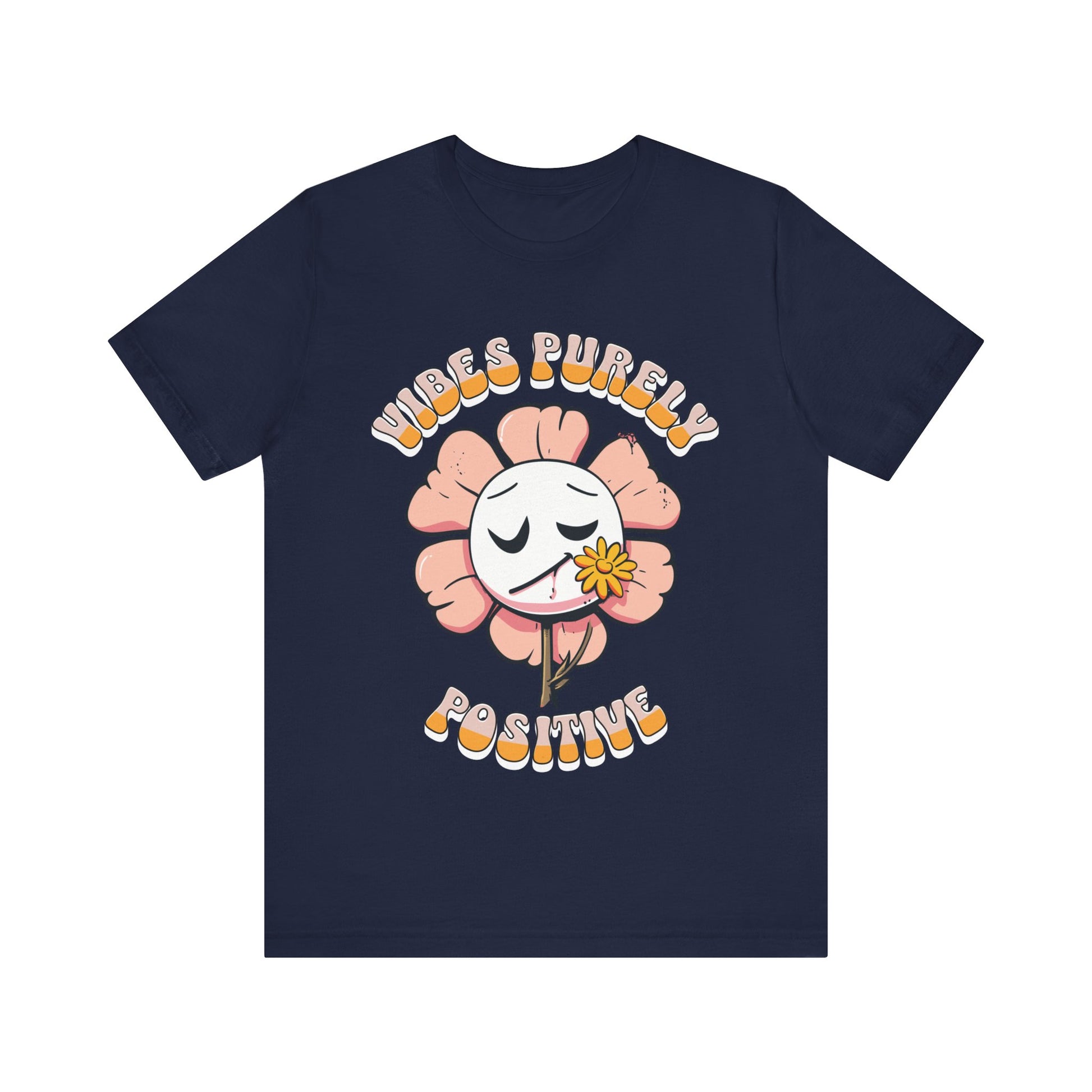 Cute pink flower with a smiling face and a yellow flower in its mouth, accompanied by the text "Vibes Purely Positive." This cheerful design is perfect for t-shirts available in colors Aqua, Berry, Black, Dark Gray, Heather Kelly, Heather Team Purple, Heather True Royal, Navy, White, and Charity Pink.