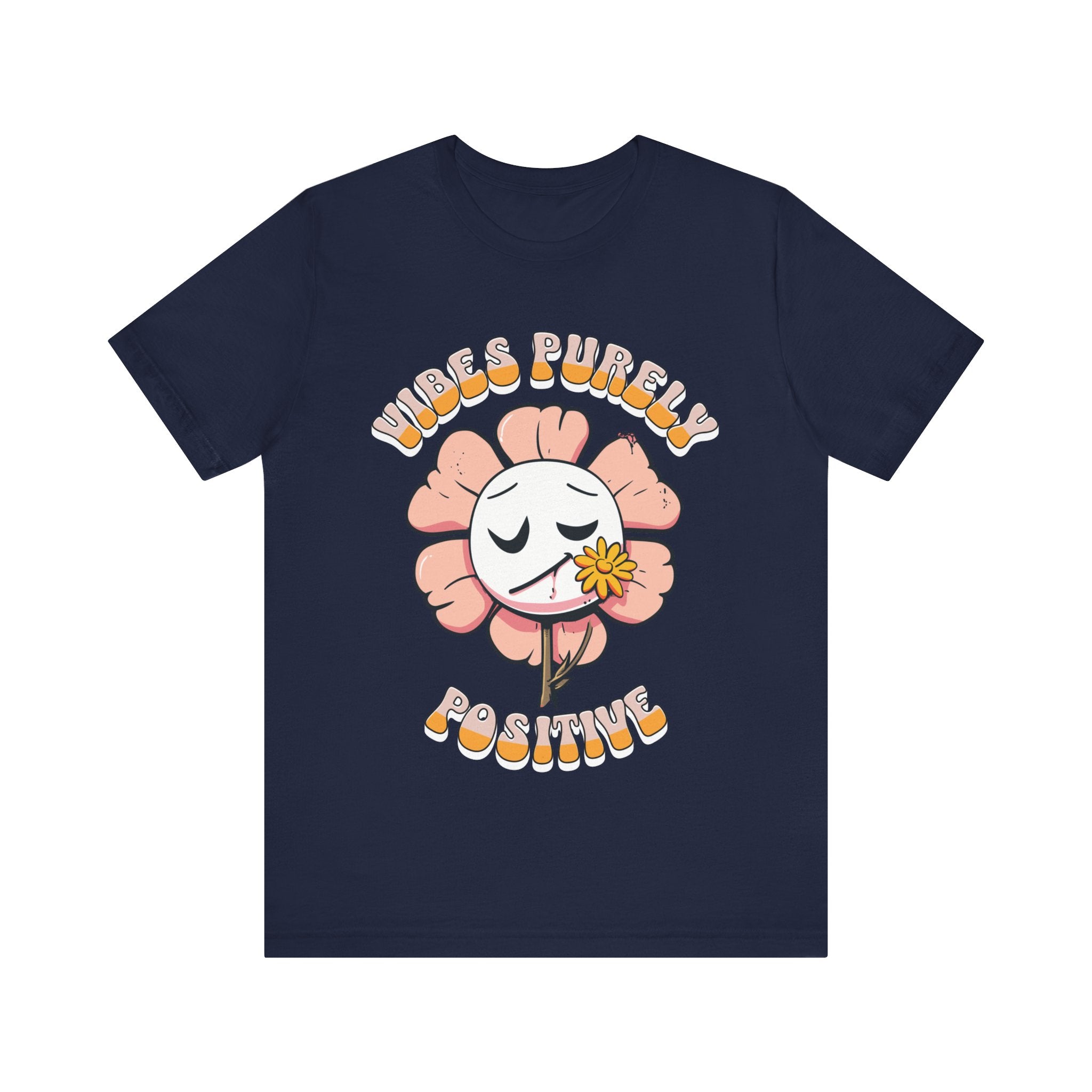 Cute pink flower with a smiling face and a yellow flower in its mouth, accompanied by the text "Vibes Purely Positive." This cheerful design is perfect for t-shirts available in colors Aqua, Berry, Black, Dark Gray, Heather Kelly, Heather Team Purple, Heather True Royal, Navy, White, and Charity Pink.