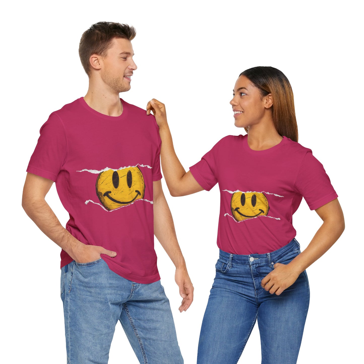 Vintage distressed yellow smiley face printed on a 100% cotton T-shirt, canvas 3001, known for its fresh and comfortable feel. This classic smiley design is available on T-shirts in the following colors: Aqua, Athletic Heather, Berry, Black, Dark Gray Heather, Heather Kelly, Heather Team Purple, Navy, and Heather Aqua.