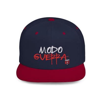 Front view of the Modo Guerra Snapback Cap in navy blue with bold red embroidery By el Temach