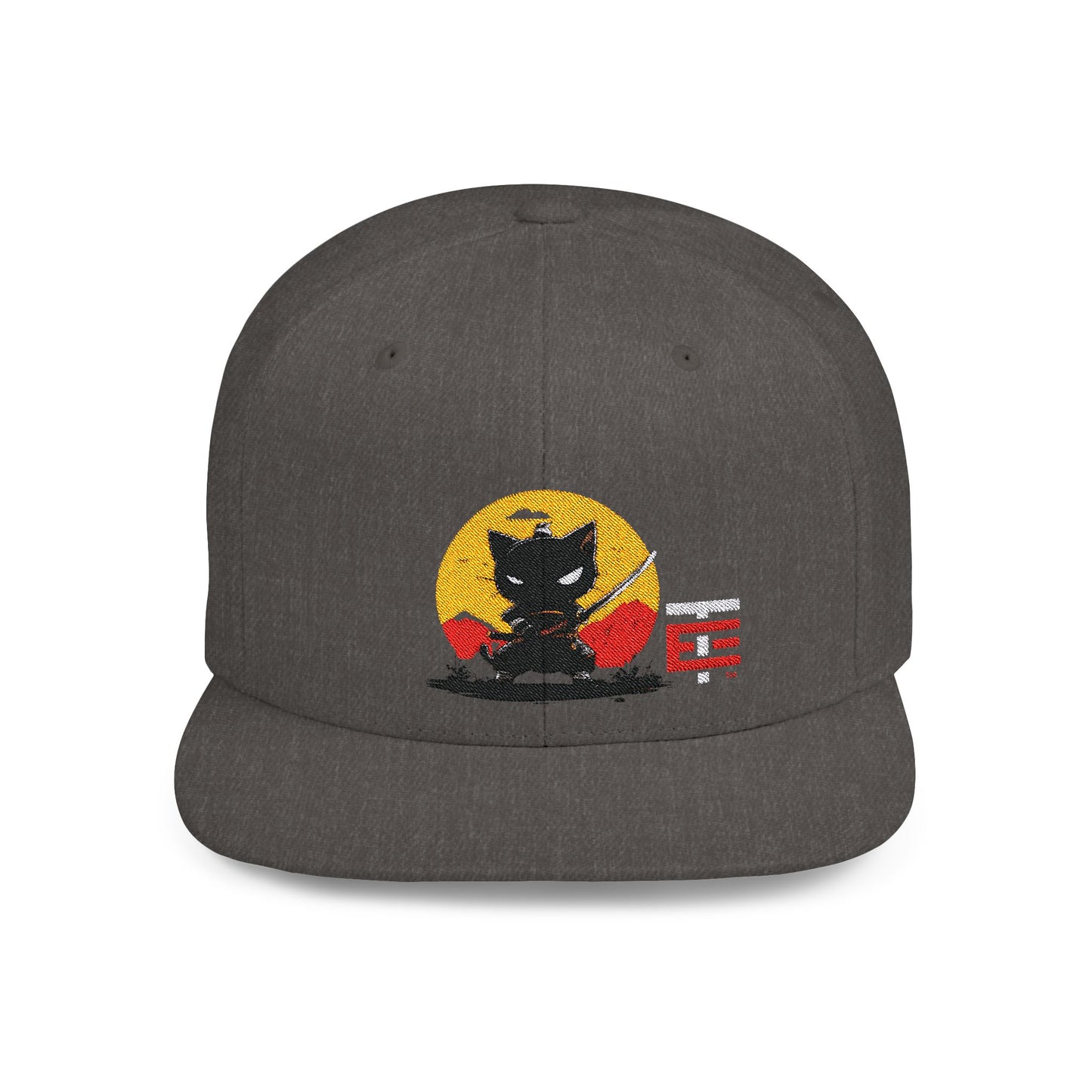 El Temach Gorras Black and red flat bill snapback with embroidered samurai logo against a yellow circular background