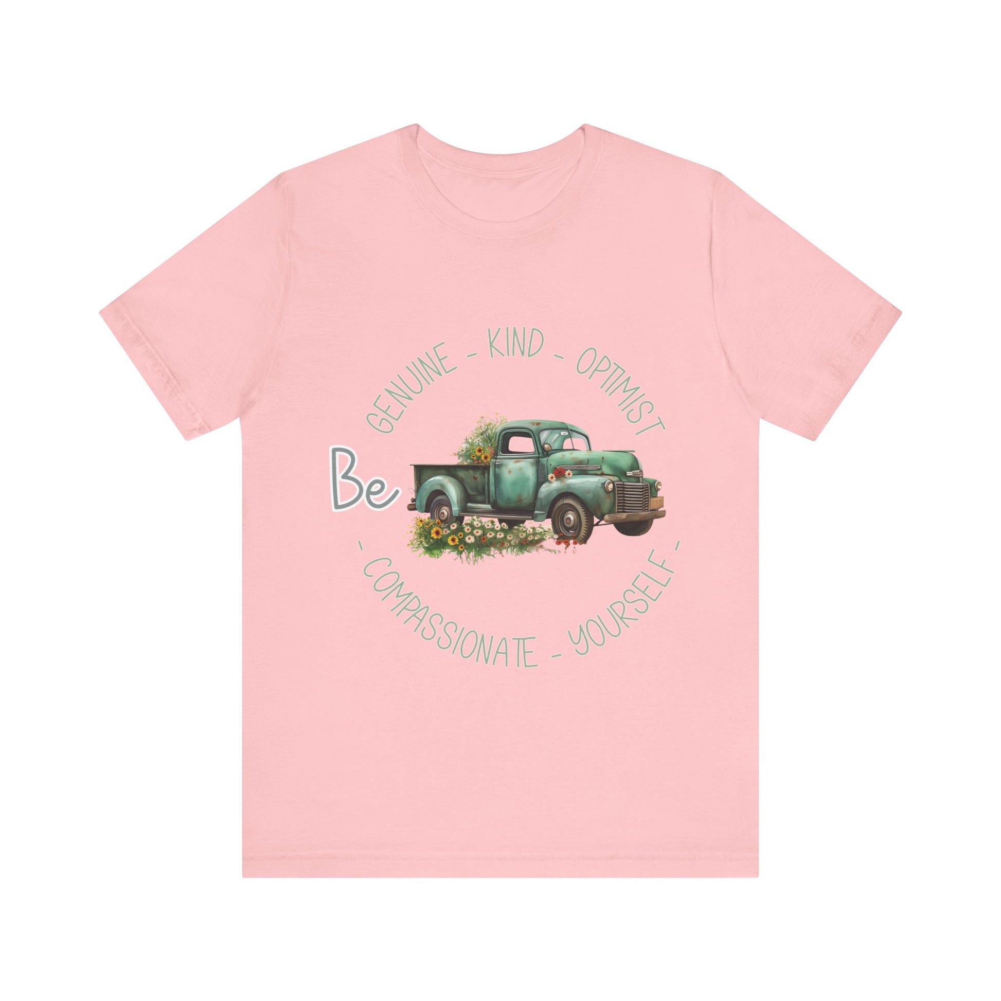 "Vintage green truck with floral decoration and inspirational words - featuring a classic old truck adorned with vibrant flowers on the sides, surrounded by the words 'Be genuine, bold, optimist, compassionate, kind, yourself', set in a beautiful context that promotes positivity and authenticity, color Aqua Athletic Heather Black Dark Grey Heather Heather Kelly Heather Navy Heather Red Heather True Royal Kelly Pink White Yellow Heather Aqua Heather Ice Blue Heather Mauve Charity Pink"