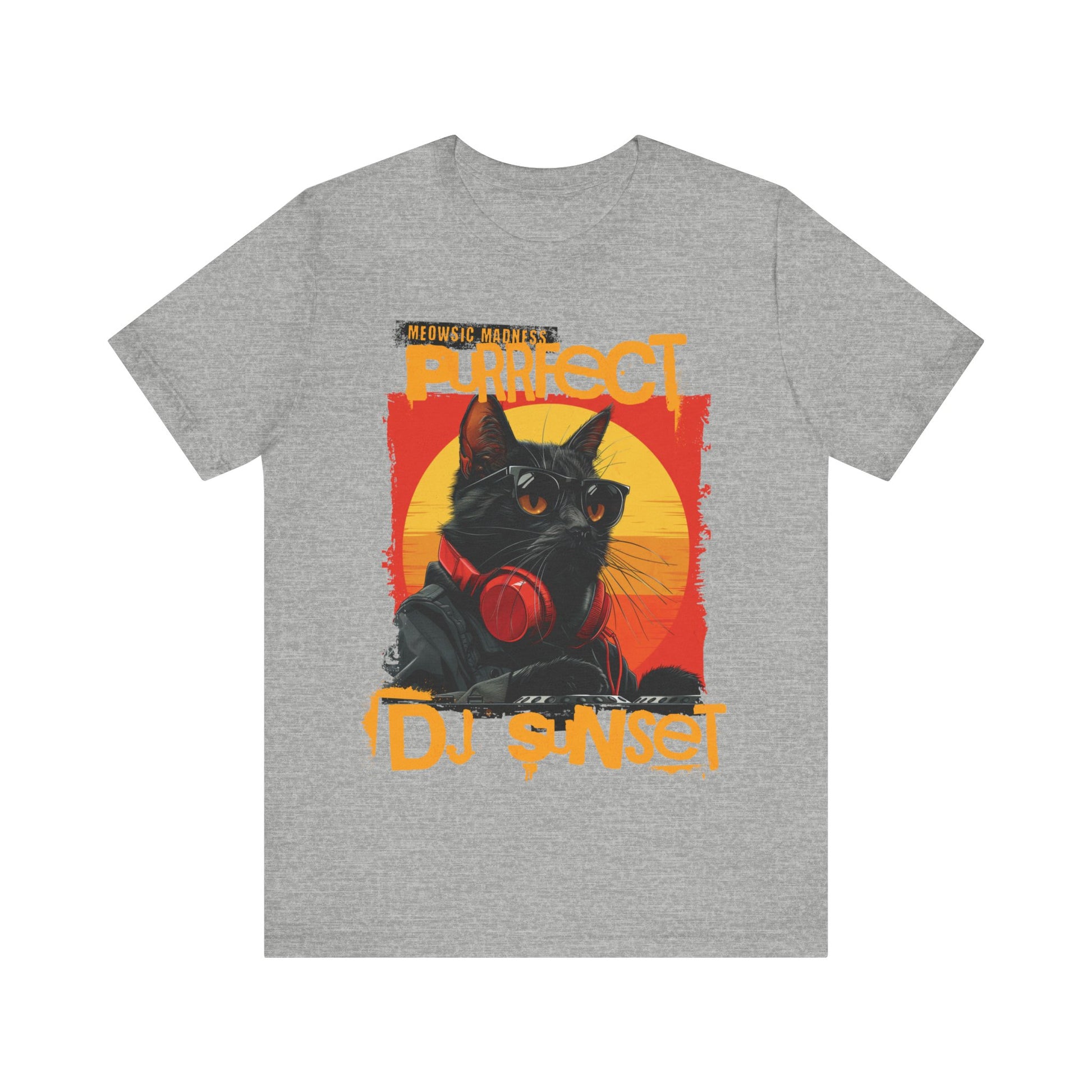 “Turntable Feline: The Sunset DJ Cat – A charismatic black cat dons DJ gear, complete with sunglasses and headphones, set against a vibrant sunset-inspired backdrop, with ‘Meowsic Madness’ and ‘Purrfect’ emblazoned above, capturing the essence of a purrfectly orchestrated music event printed in different t-shirts colors like Athletic Heather Berry Black Dark Grey Heather Heather Navy Navy Ash.” 