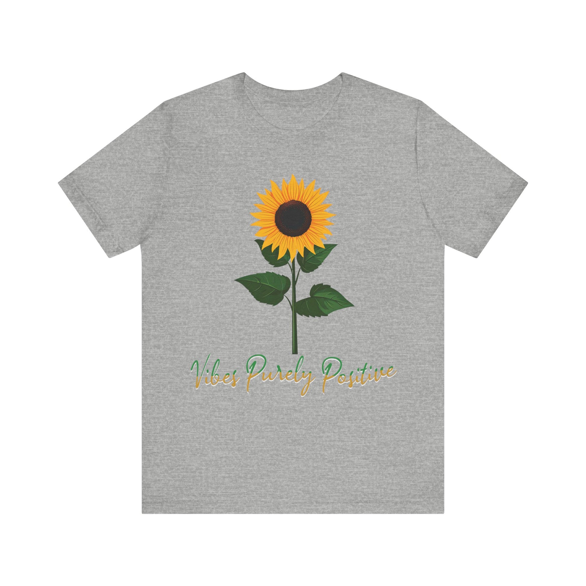 Sunflower illustration with 'Vibes Purely Positive' phrase - a vibrant sunflower with yellow petals and dark brown center, green leaves on a stem, conveying a positive message printed in t-shirts of different colors like "Army Athletic Heather Berry Black Heather Navy Heather Team Purple Navy White Ash Heather Aqua"