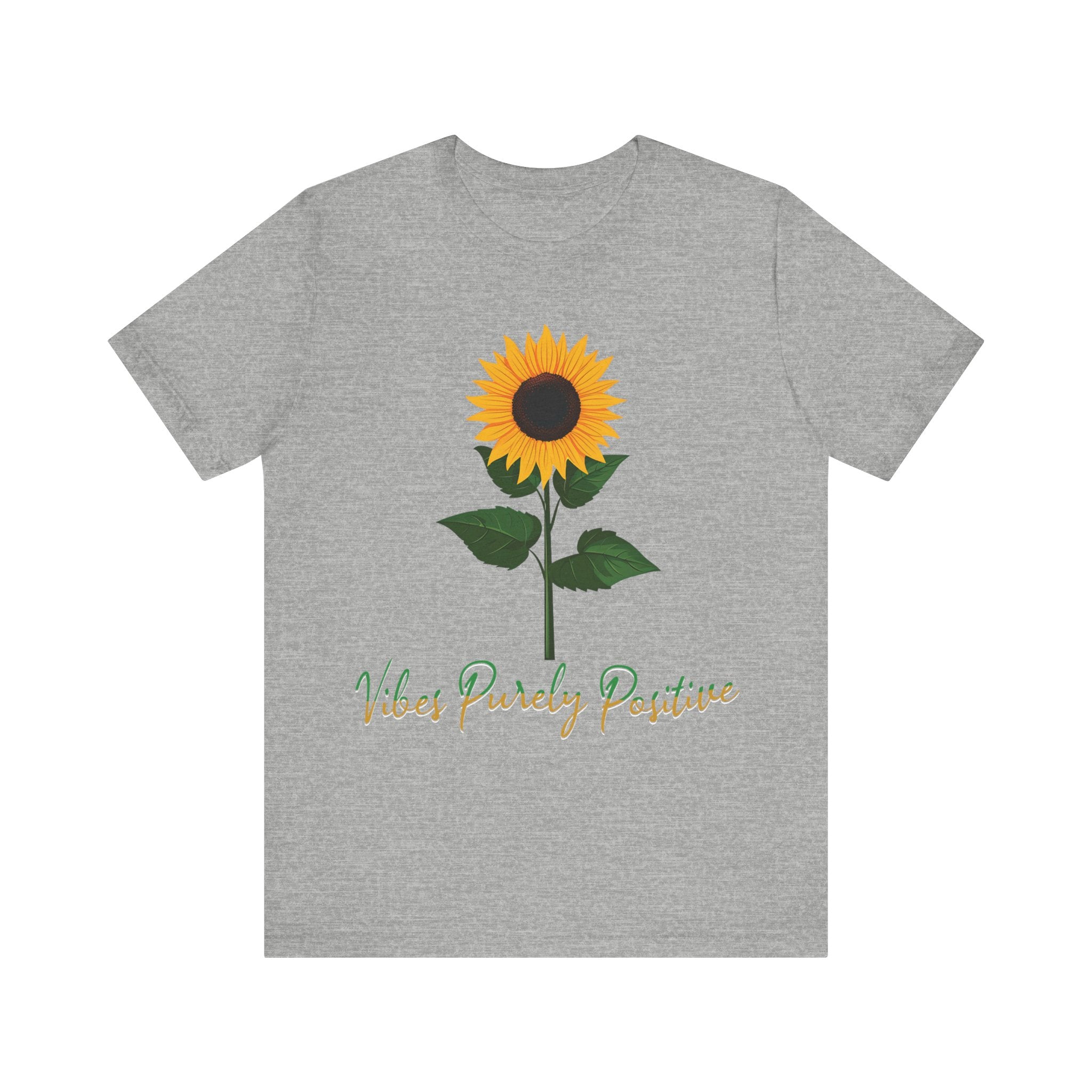 Sunflower illustration with 'Vibes Purely Positive' phrase - a vibrant sunflower with yellow petals and dark brown center, green leaves on a stem, conveying a positive message printed in t-shirts of different colors like "Army Athletic Heather Berry Black Heather Navy Heather Team Purple Navy White Ash Heather Aqua"