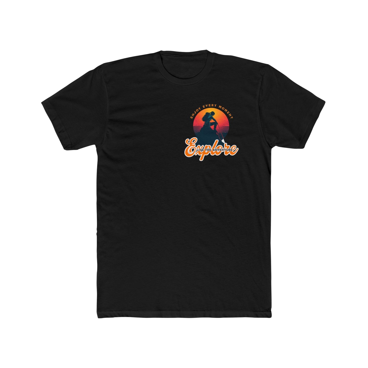 Casual graphic t-shirt showcasing a mountain sunset and adventurer silhouette, perfect for daily comfort.