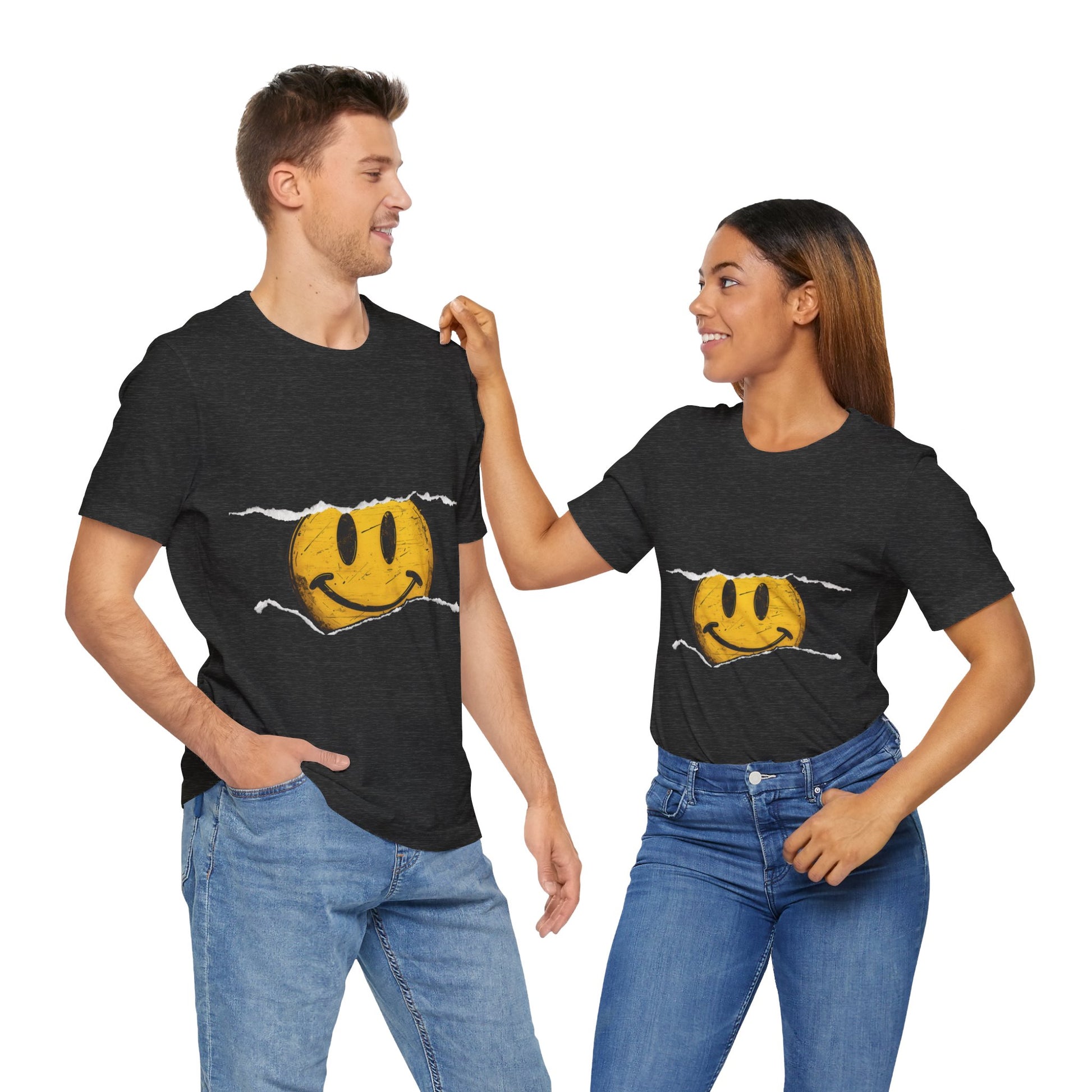 Vintage distressed yellow smiley face printed on a 100% cotton T-shirt, canvas 3001, known for its fresh and comfortable feel. This classic smiley design is available on T-shirts in the following colors: Aqua, Athletic Heather, Berry, Black, Dark Gray Heather, Heather Kelly, Heather Team Purple, Navy, and Heather Aqua.