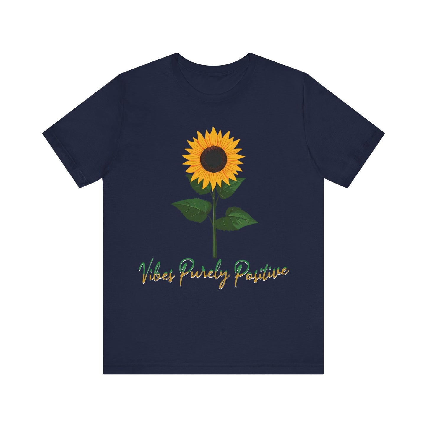 Sunflower illustration with 'Vibes Purely Positive' phrase - a vibrant sunflower with yellow petals and dark brown center, green leaves on a stem, conveying a positive message printed in t-shirts of different colors like "Army Athletic Heather Berry Black Heather Navy Heather Team Purple Navy White Ash Heather Aqua"