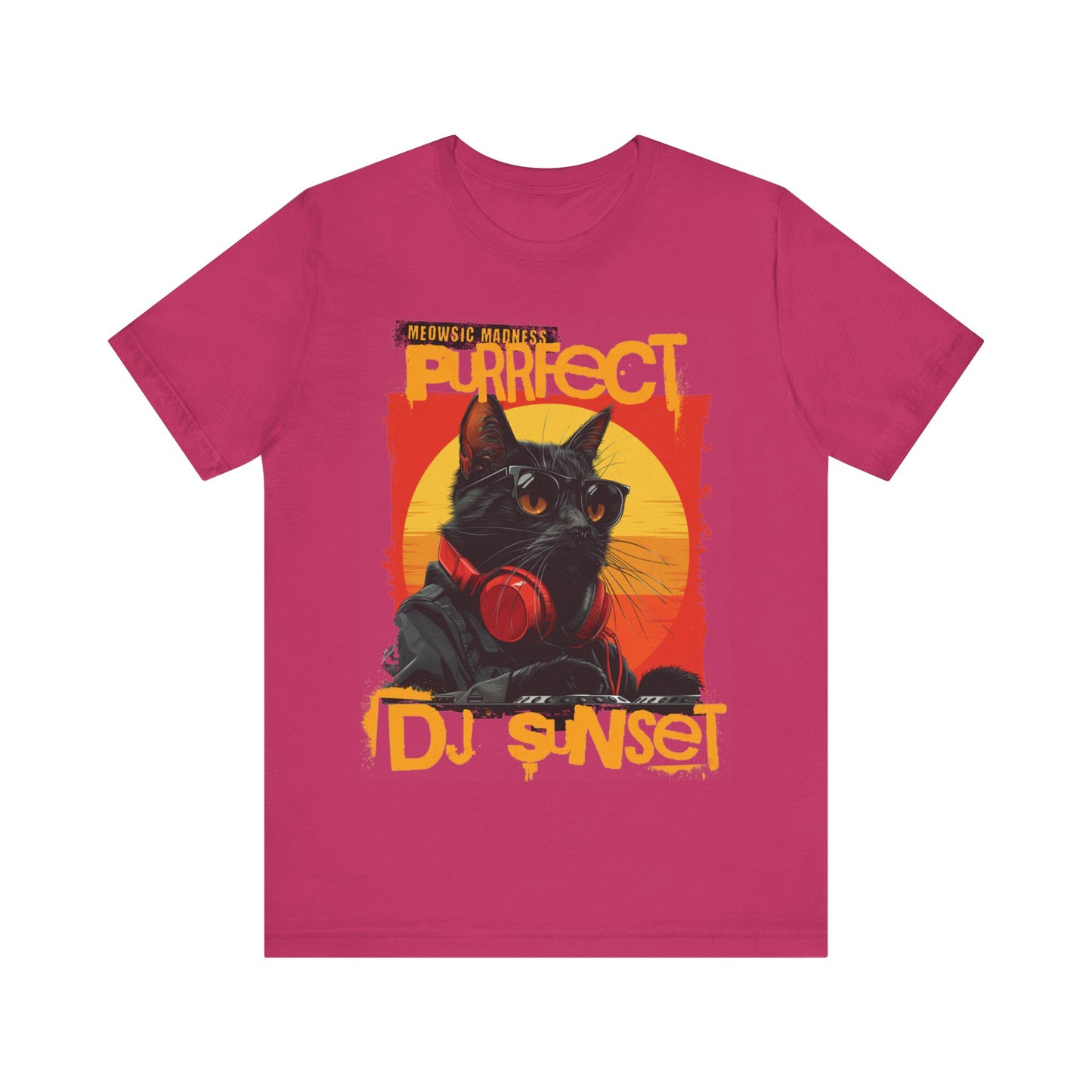 “Turntable Feline: The Sunset DJ Cat – A charismatic black cat dons DJ gear, complete with sunglasses and headphones, set against a vibrant sunset-inspired backdrop, with ‘Meowsic Madness’ and ‘Purrfect’ emblazoned above, capturing the essence of a purrfectly orchestrated music event printed in different t-shirts colors like Athletic Heather Berry Black Dark Grey Heather Heather Navy Navy Ash.” 