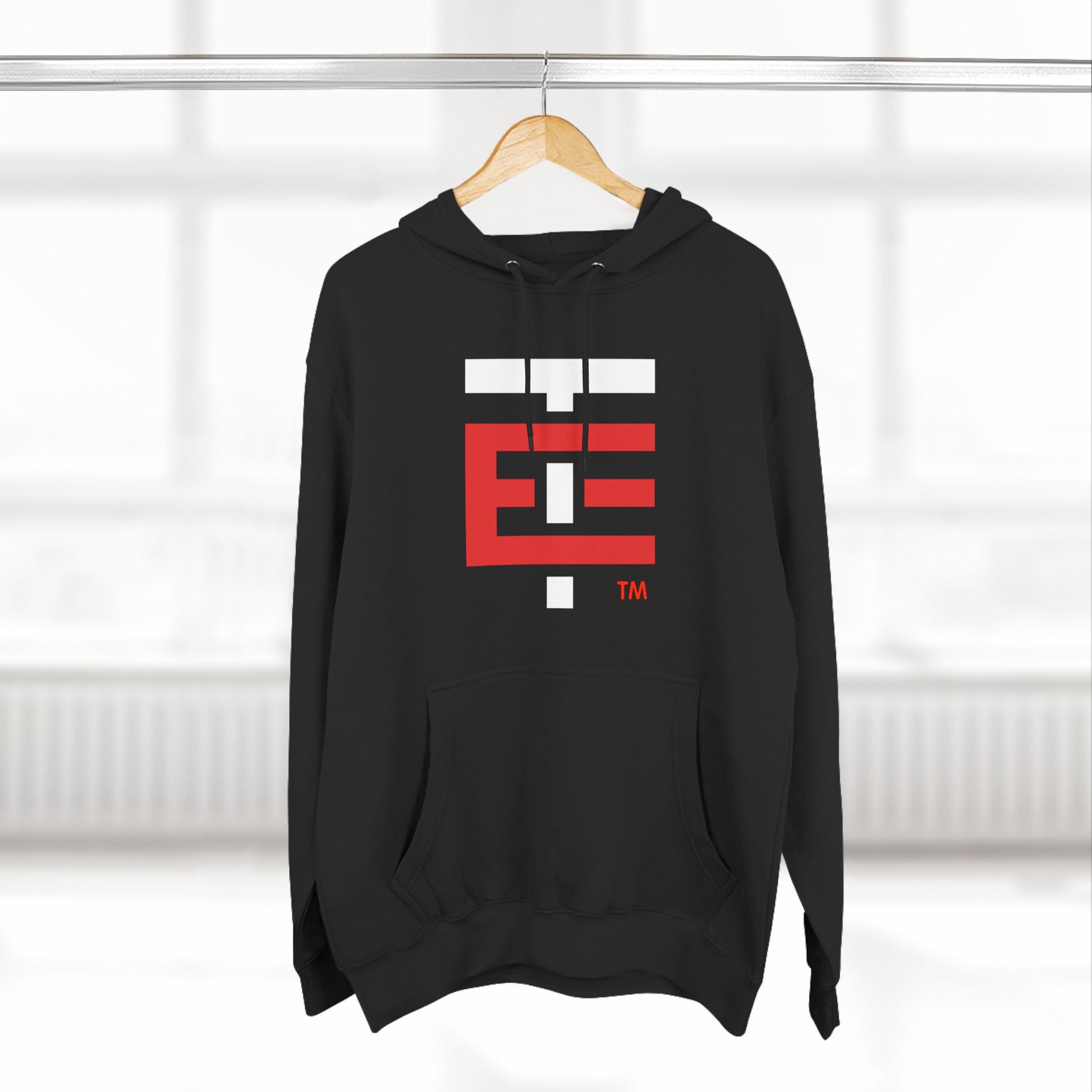 El Temach Hoodies, weaters, buzos, Men's black hoodie with bold red and white graphic logo, fleece-lined for warmth.