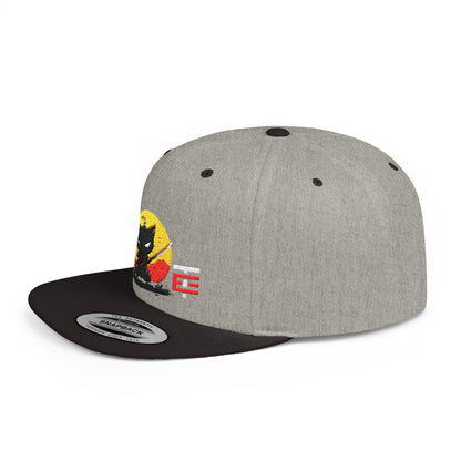 El Temach Gorras Black and red flat bill snapback with embroidered samurai logo against a yellow circular background