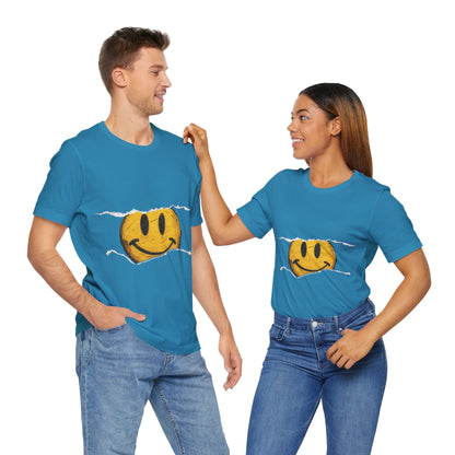 Vintage distressed yellow smiley face printed on a 100% cotton T-shirt, canvas 3001, known for its fresh and comfortable feel. This classic smiley design is available on T-shirts in the following colors: Aqua, Athletic Heather, Berry, Black, Dark Gray Heather, Heather Kelly, Heather Team Purple, Navy, and Heather Aqua.