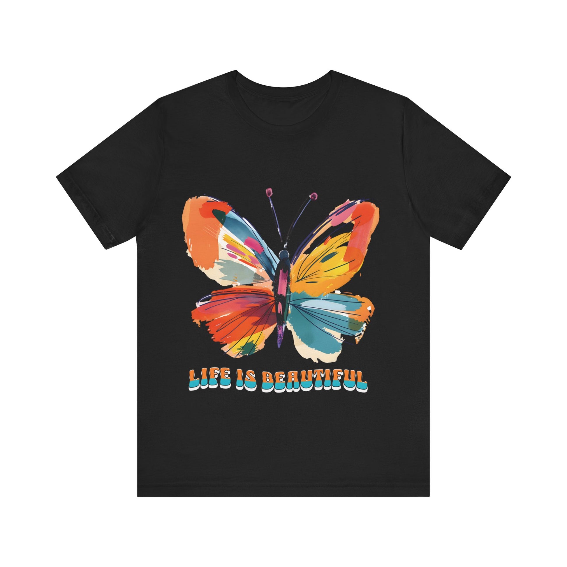 Colorful cartoon-style butterfly with vibrant wings and the text 'Life is Beautiful' designed for t-shirts in colors including Aqua, Athletic Heather, Berry, Black, Dark Grey Heather, Heather Red, Heather Team Purple, Heather True Royal, White, and Charity Pink.