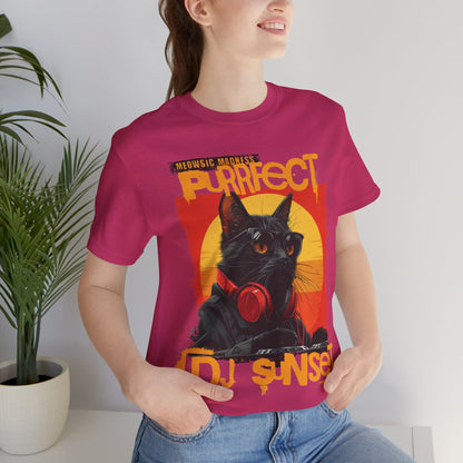 “Turntable Feline: The Sunset DJ Cat – A charismatic black cat dons DJ gear, complete with sunglasses and headphones, set against a vibrant sunset-inspired backdrop, with ‘Meowsic Madness’ and ‘Purrfect’ emblazoned above, capturing the essence of a purrfectly orchestrated music event printed in different t-shirts colors like Athletic Heather Berry Black Dark Grey Heather Heather Navy Navy Ash.” 