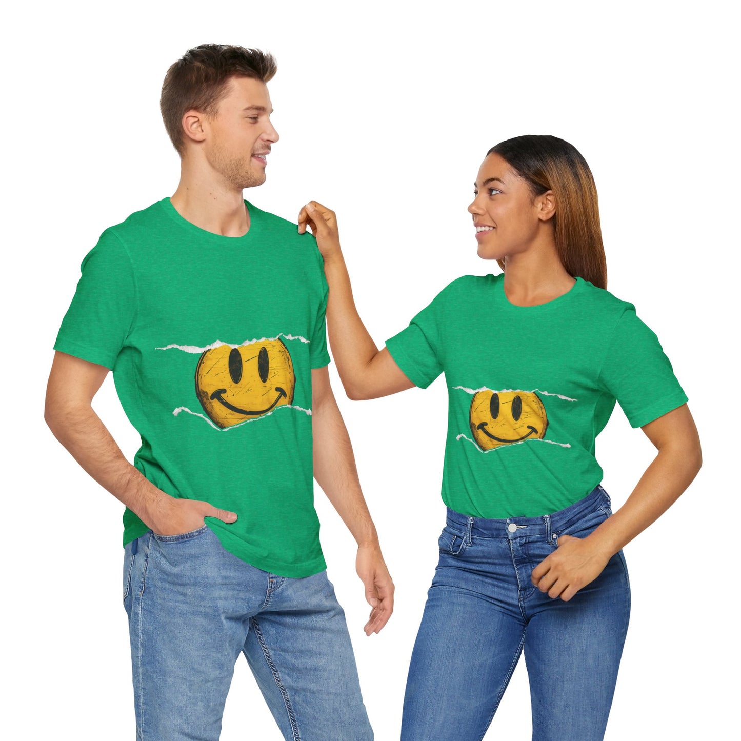 Vintage distressed yellow smiley face printed on a 100% cotton T-shirt, canvas 3001, known for its fresh and comfortable feel. This classic smiley design is available on T-shirts in the following colors: Aqua, Athletic Heather, Berry, Black, Dark Gray Heather, Heather Kelly, Heather Team Purple, Navy, and Heather Aqua.