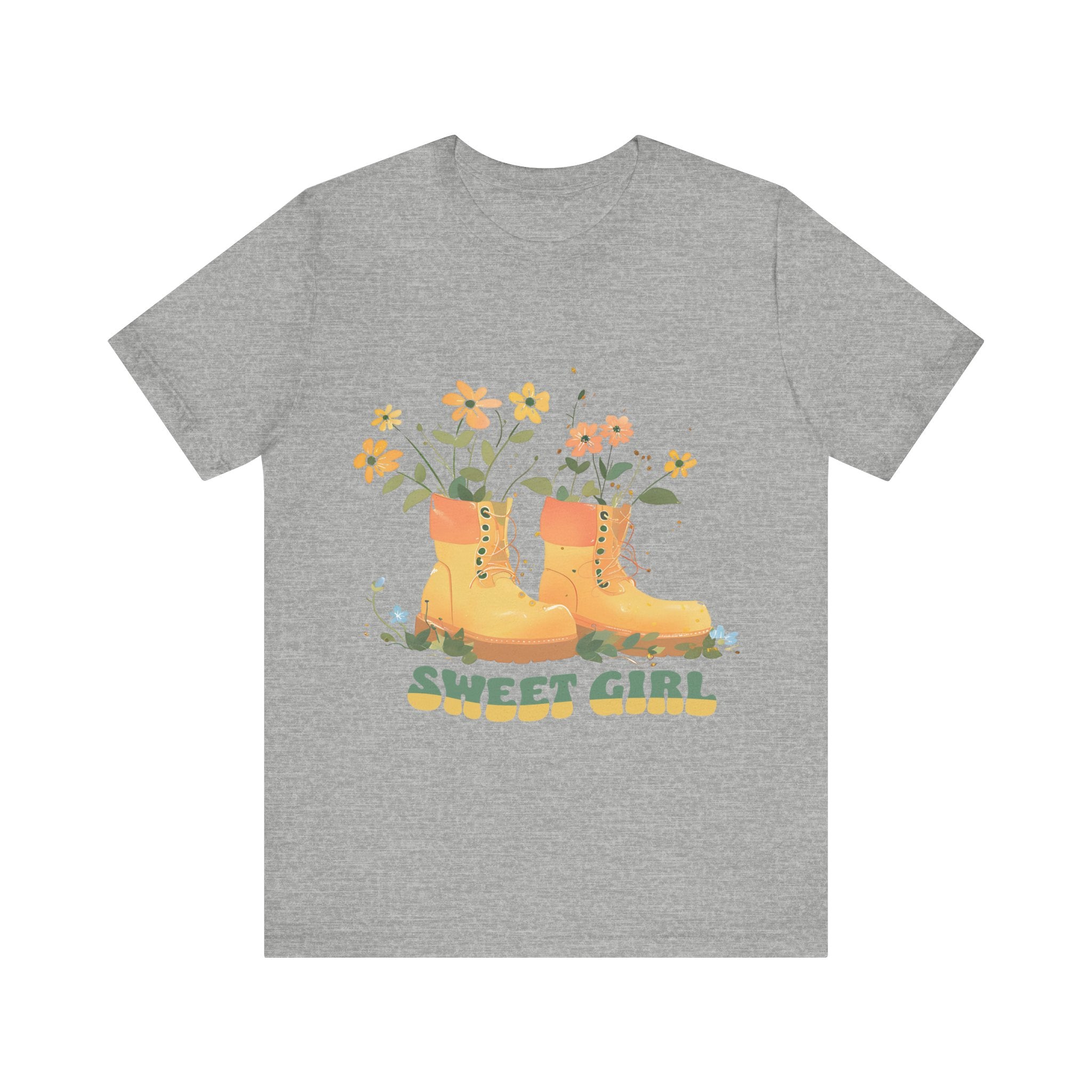 “Chic boho-style boots adorned with floral accents and ‘Sweet Girl’ text, featured on Bella Canvas 3001 t-shirts in a variety of hues Athletic Heather Berry Black Dark Grey Heather Heather Team Purple Navy White Heather Aqua Charity Pink.”