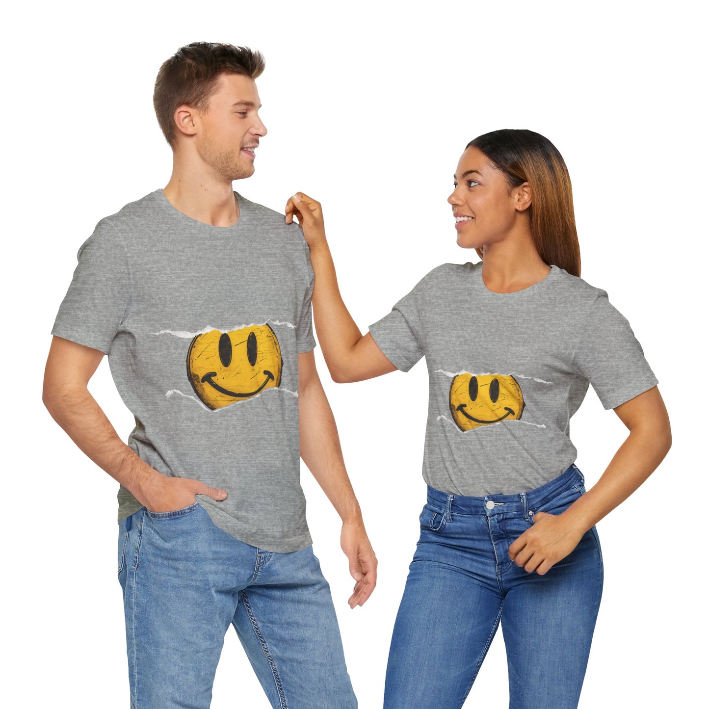 Vintage distressed yellow smiley face printed on a 100% cotton T-shirt, canvas 3001, known for its fresh and comfortable feel. This classic smiley design is available on T-shirts in the following colors: Aqua, Athletic Heather, Berry, Black, Dark Gray Heather, Heather Kelly, Heather Team Purple, Navy, and Heather Aqua.