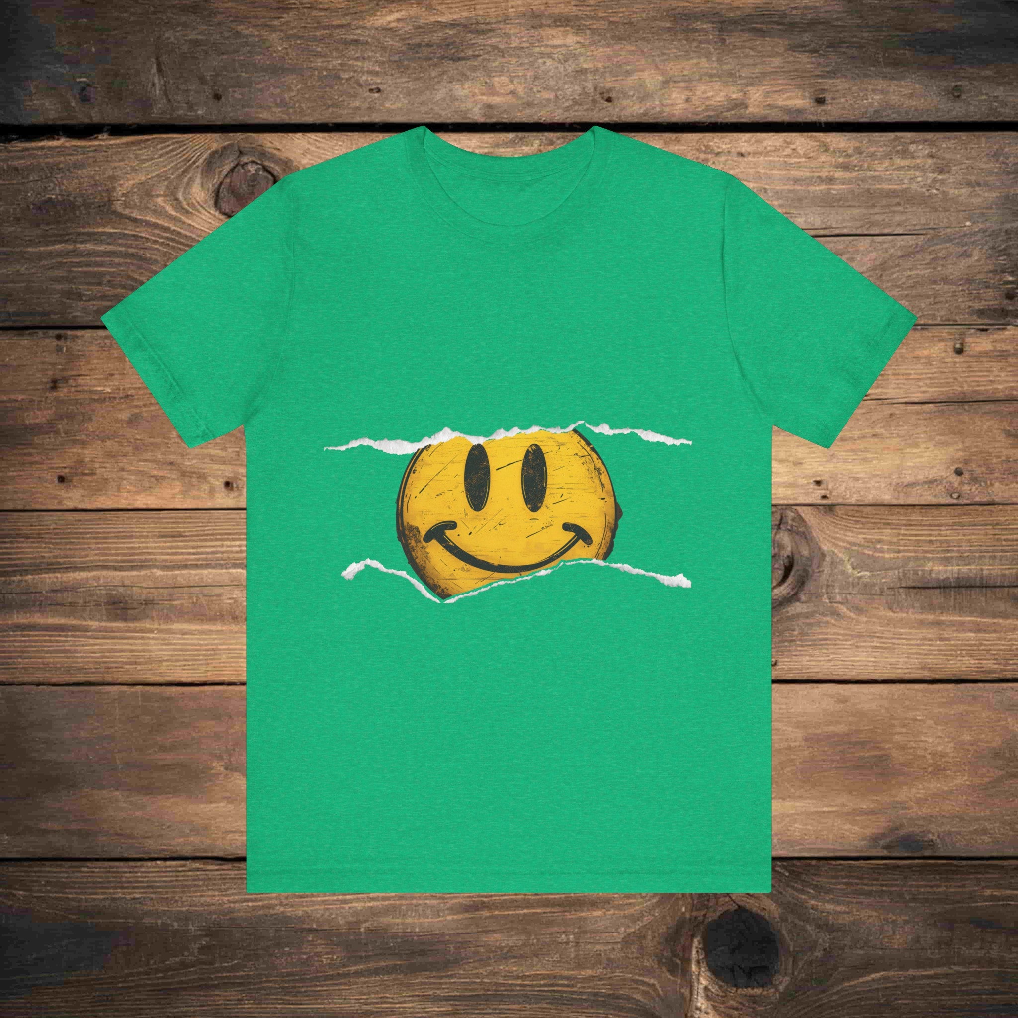 Vintage distressed yellow smiley face printed on a 100% cotton T-shirt, canvas 3001, known for its fresh and comfortable feel. This classic smiley design is available on T-shirts in the following colors: Aqua, Athletic Heather, Berry, Black, Dark Gray Heather, Heather Kelly, Heather Team Purple, Navy, and Heather Aqua.