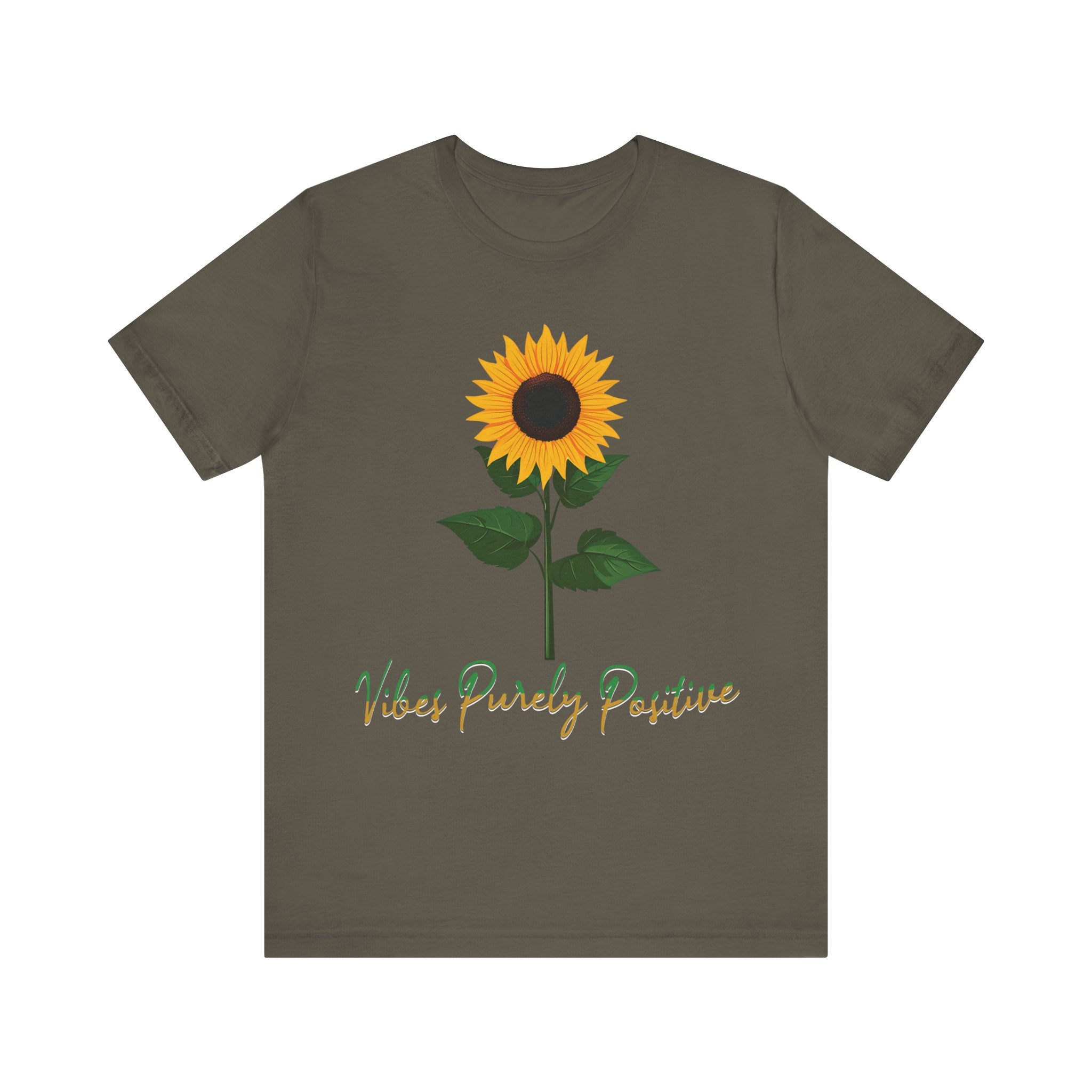 Sunflower illustration with 'Vibes Purely Positive' phrase - a vibrant sunflower with yellow petals and dark brown center, green leaves on a stem, conveying a positive message printed in t-shirts of different colors like "Army Athletic Heather Berry Black Heather Navy Heather Team Purple Navy White Ash Heather Aqua"