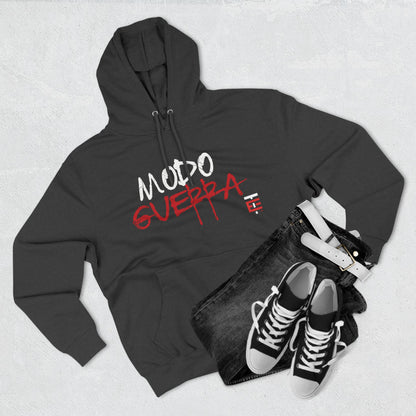 El Temach Hoodie, featuring bold red and white 'Modo Guerra' graphic with a cozy fleece lining. Sweater, Buzo. USA