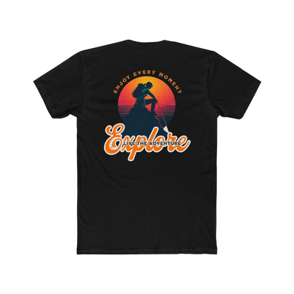 Casual graphic t-shirt showcasing a mountain sunset and adventurer silhouette, perfect for daily comfort. black Color