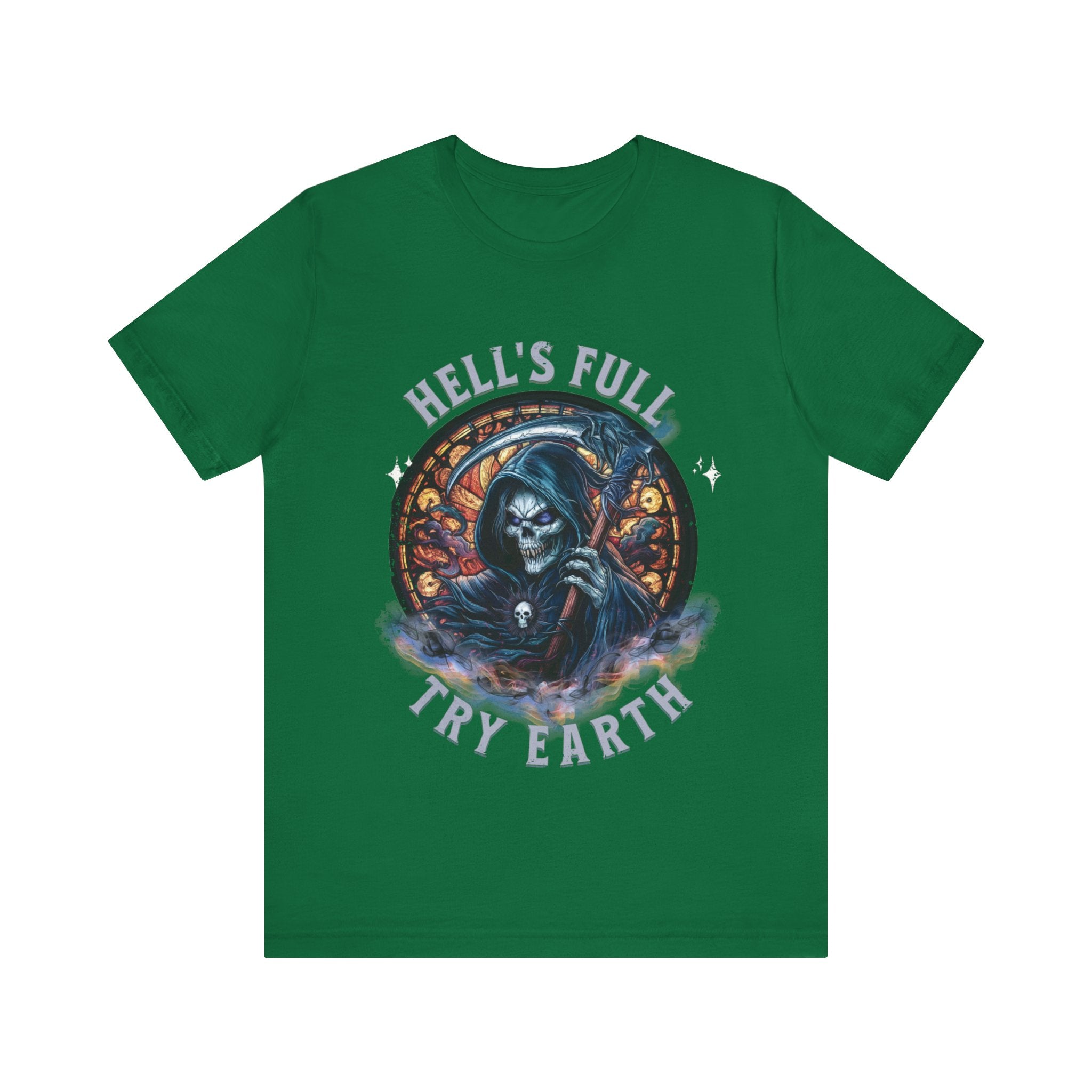 “Grim Humor: ‘Hell’s Full, Try Earth’ – A skull, adorned with the ominous aura of death, grins wickedly. Against a backdrop hinting at apocalyptic times, the text humorously suggests that even hell has reached capacity, leaving Earth as the next best option print in t-shirts in different colors like Aqua Athletic Heather Black Dark Grey Heather Heather Red Heather Team Purple Heather True Royal Kelly Navy Pink White.”