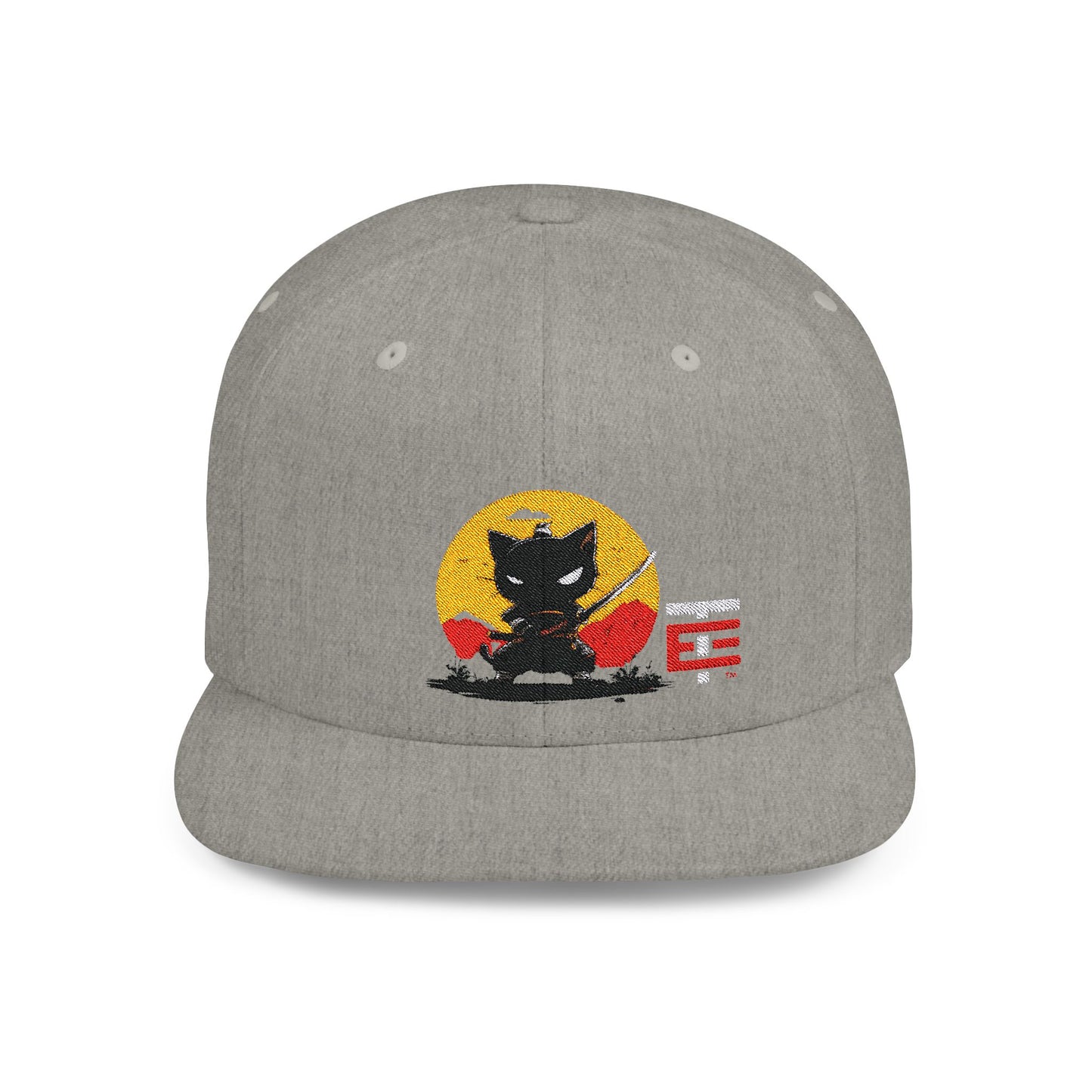 El Temach Gorras Black and red flat bill snapback with embroidered samurai logo against a yellow circular background