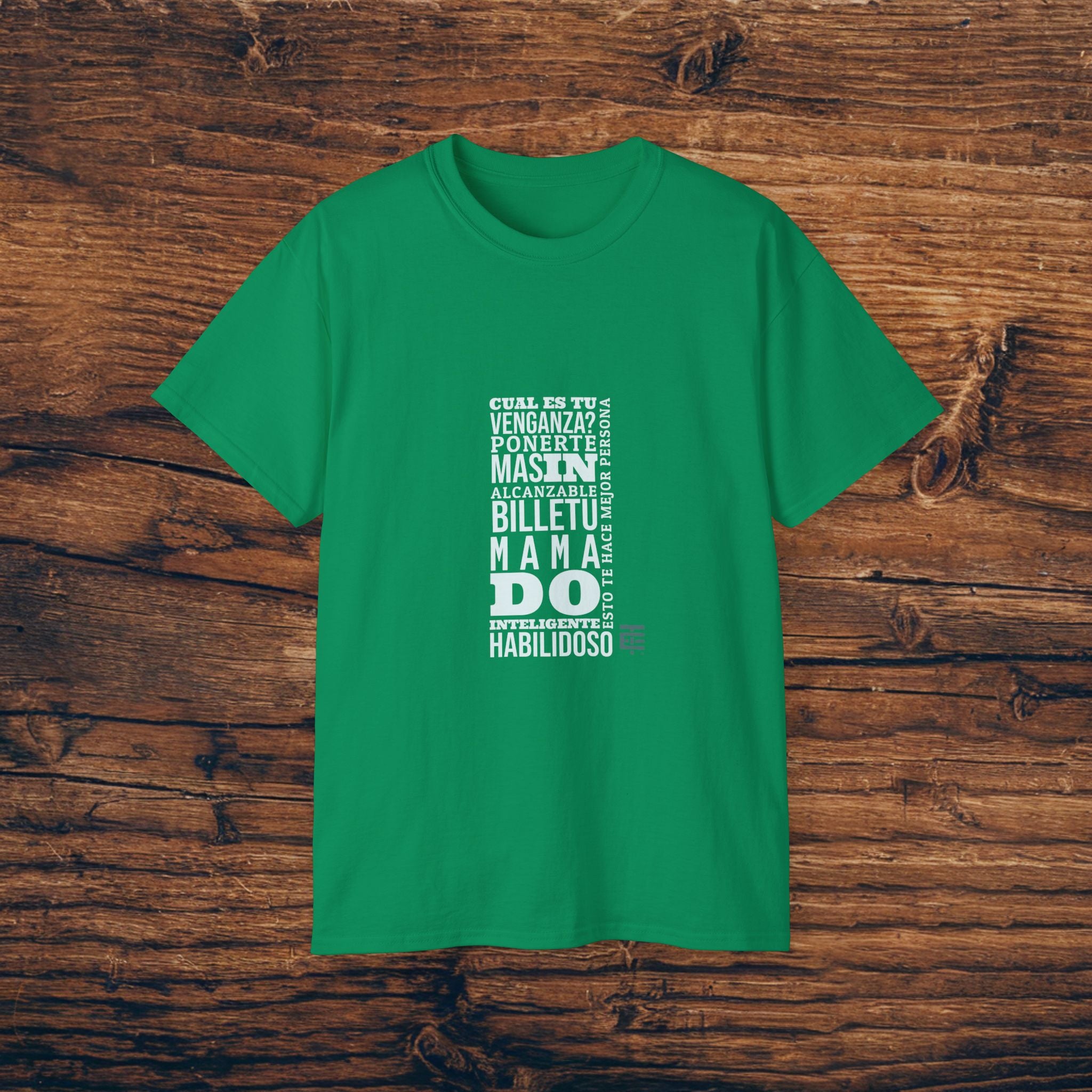 Soft and breezy cotton t-shirt featuring bold green text design by Temach, perfect for casual daily wear. El Temach Camiseta USA