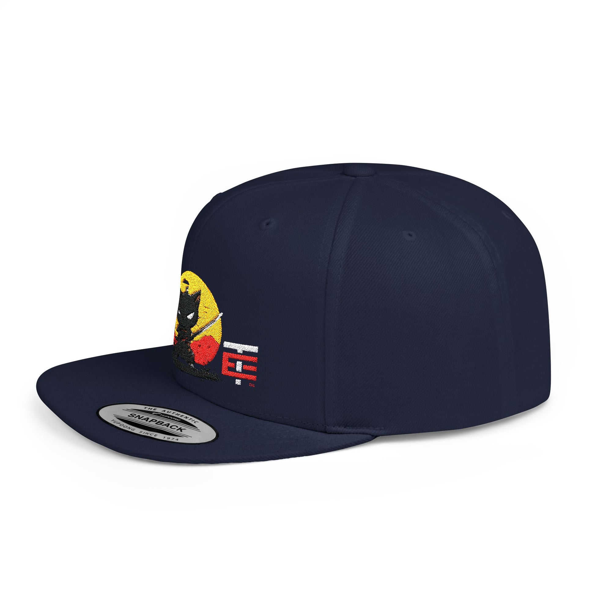 El Temach Gorras Black and red flat bill snapback with embroidered samurai logo against a yellow circular background