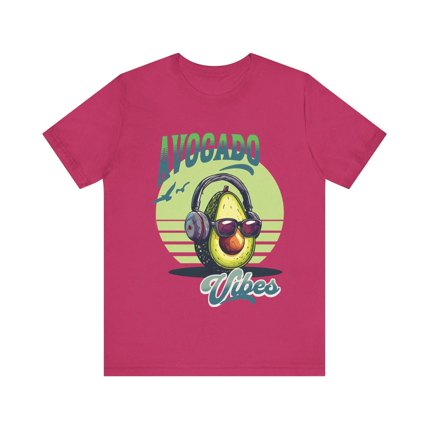 Avocado with headphones and glasses design on Bella Canvas 3001 T-shirt available in Aqua, Athletic Heather, Berry, Black, Dark Grey Heather, Heather Kelly, Heather Navy, Heather Red, Heather Team Purple, Navy, True Royal, White, Heather Aqua.