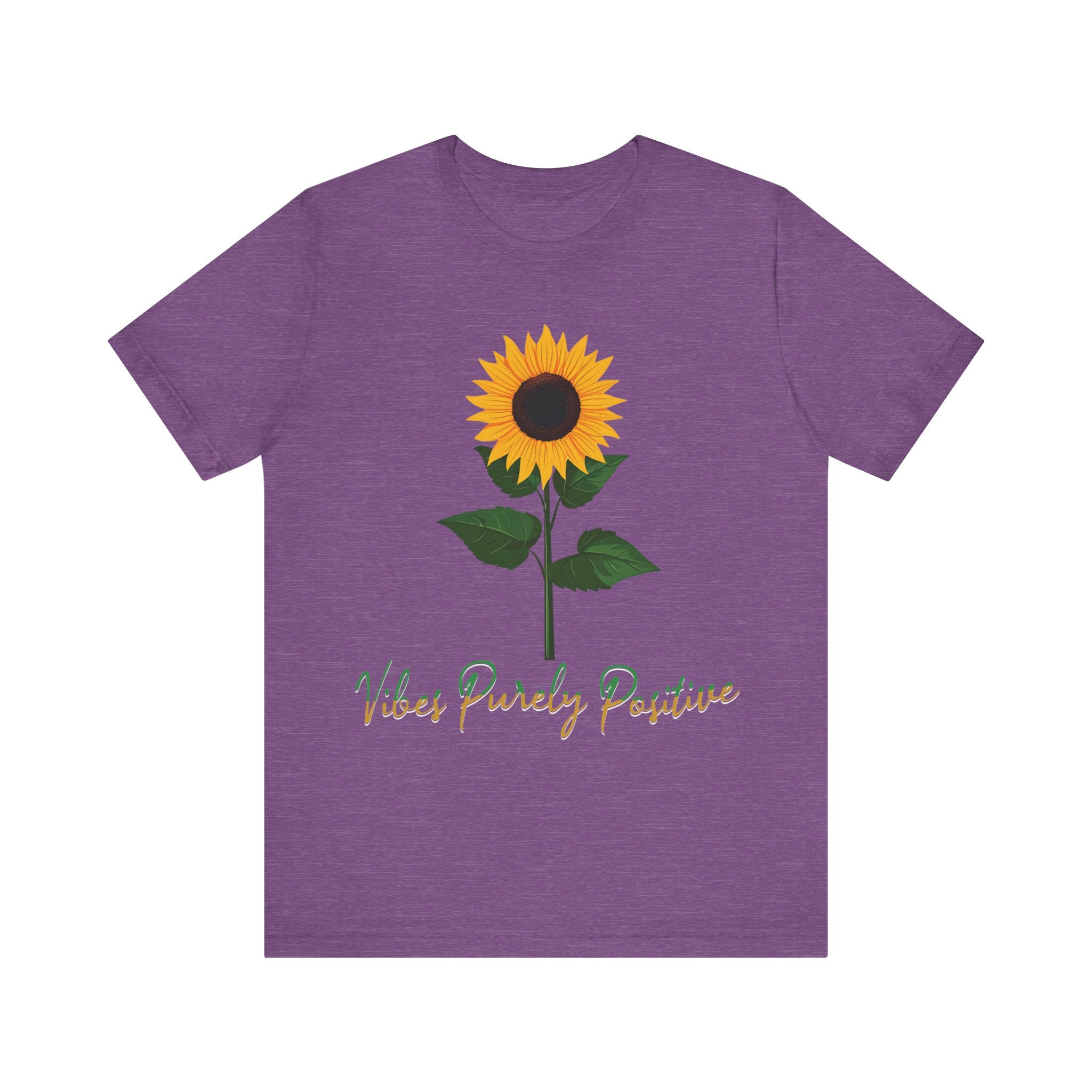 Sunflower illustration with 'Vibes Purely Positive' phrase - a vibrant sunflower with yellow petals and dark brown center, green leaves on a stem, conveying a positive message printed in t-shirts of different colors like "Army Athletic Heather Berry Black Heather Navy Heather Team Purple Navy White Ash Heather Aqua"