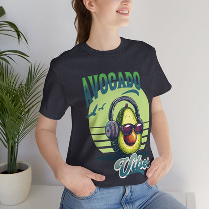 Avocado with headphones and glasses design on Bella Canvas 3001 T-shirt available in Aqua, Athletic Heather, Berry, Black, Dark Grey Heather, Heather Kelly, Heather Navy, Heather Red, Heather Team Purple, Navy, True Royal, White, Heather Aqua.