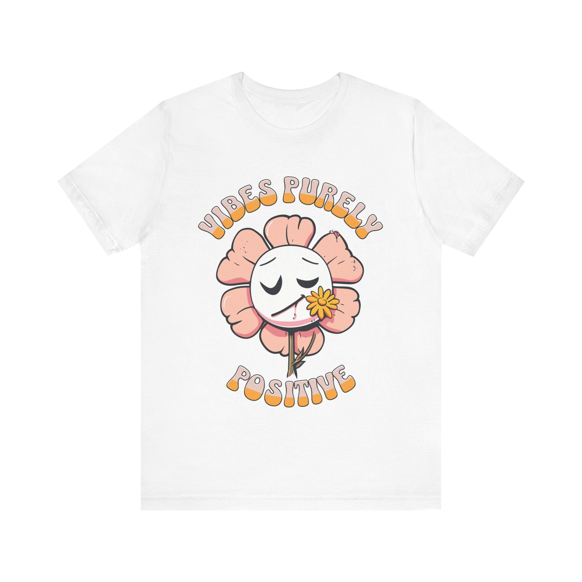 Cute pink flower with a smiling face and a yellow flower in its mouth, accompanied by the text "Vibes Purely Positive." This cheerful design is perfect for t-shirts available in colors Aqua, Berry, Black, Dark Gray, Heather Kelly, Heather Team Purple, Heather True Royal, Navy, White, and Charity Pink.