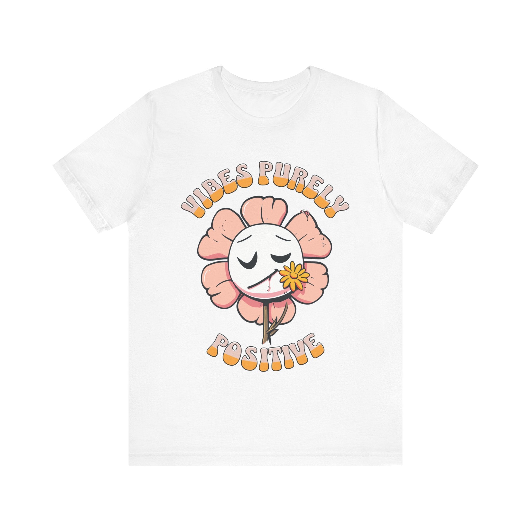 Cute pink flower with a smiling face and a yellow flower in its mouth, accompanied by the text "Vibes Purely Positive." This cheerful design is perfect for t-shirts available in colors Aqua, Berry, Black, Dark Gray, Heather Kelly, Heather Team Purple, Heather True Royal, Navy, White, and Charity Pink.