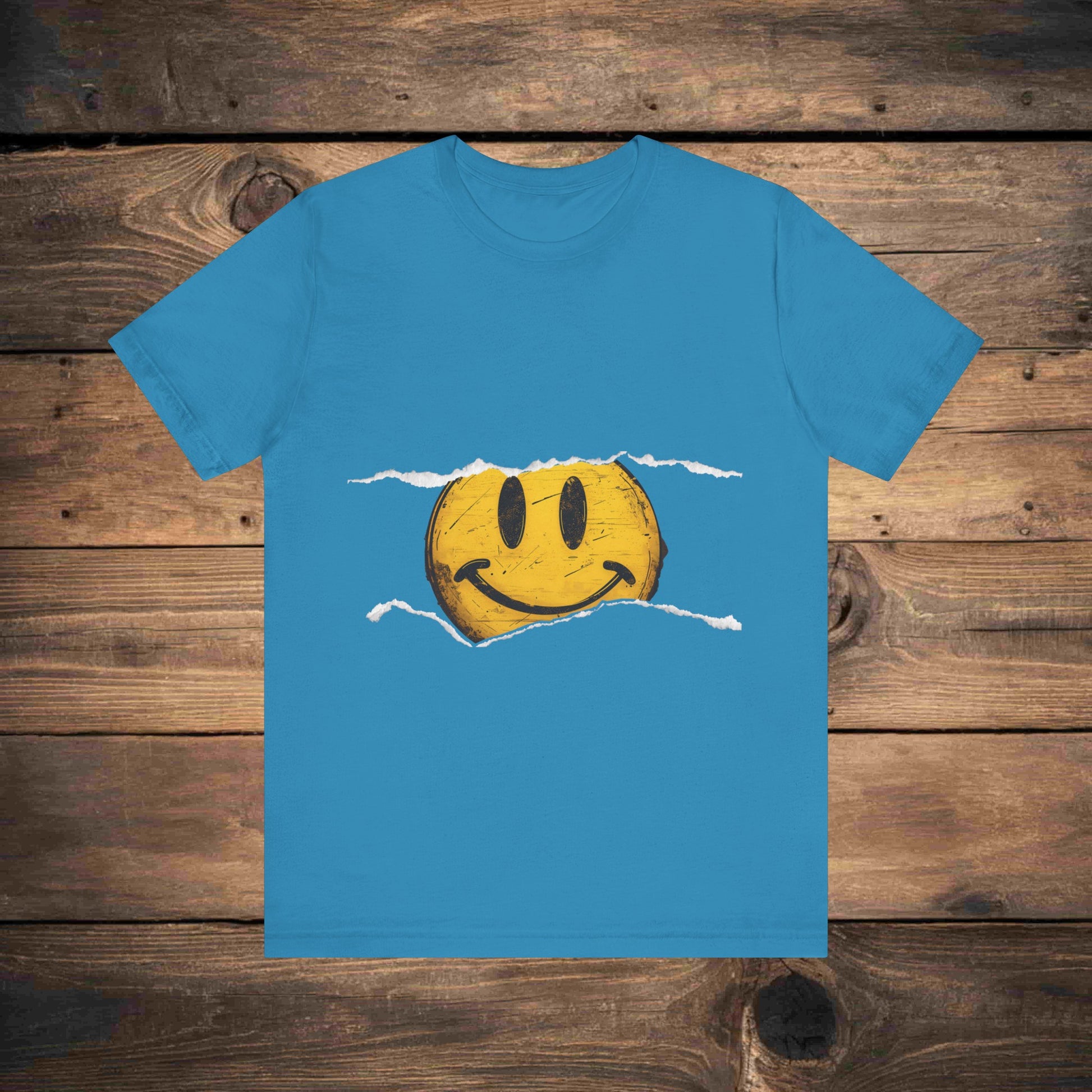 Vintage distressed yellow smiley face printed on a 100% cotton T-shirt, canvas 3001, known for its fresh and comfortable feel. This classic smiley design is available on T-shirts in the following colors: Aqua, Athletic Heather, Berry, Black, Dark Gray Heather, Heather Kelly, Heather Team Purple, Navy, and Heather Aqua.