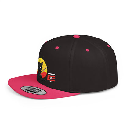 El Temach Gorras Black and red flat bill snapback with embroidered samurai logo against a yellow circular background