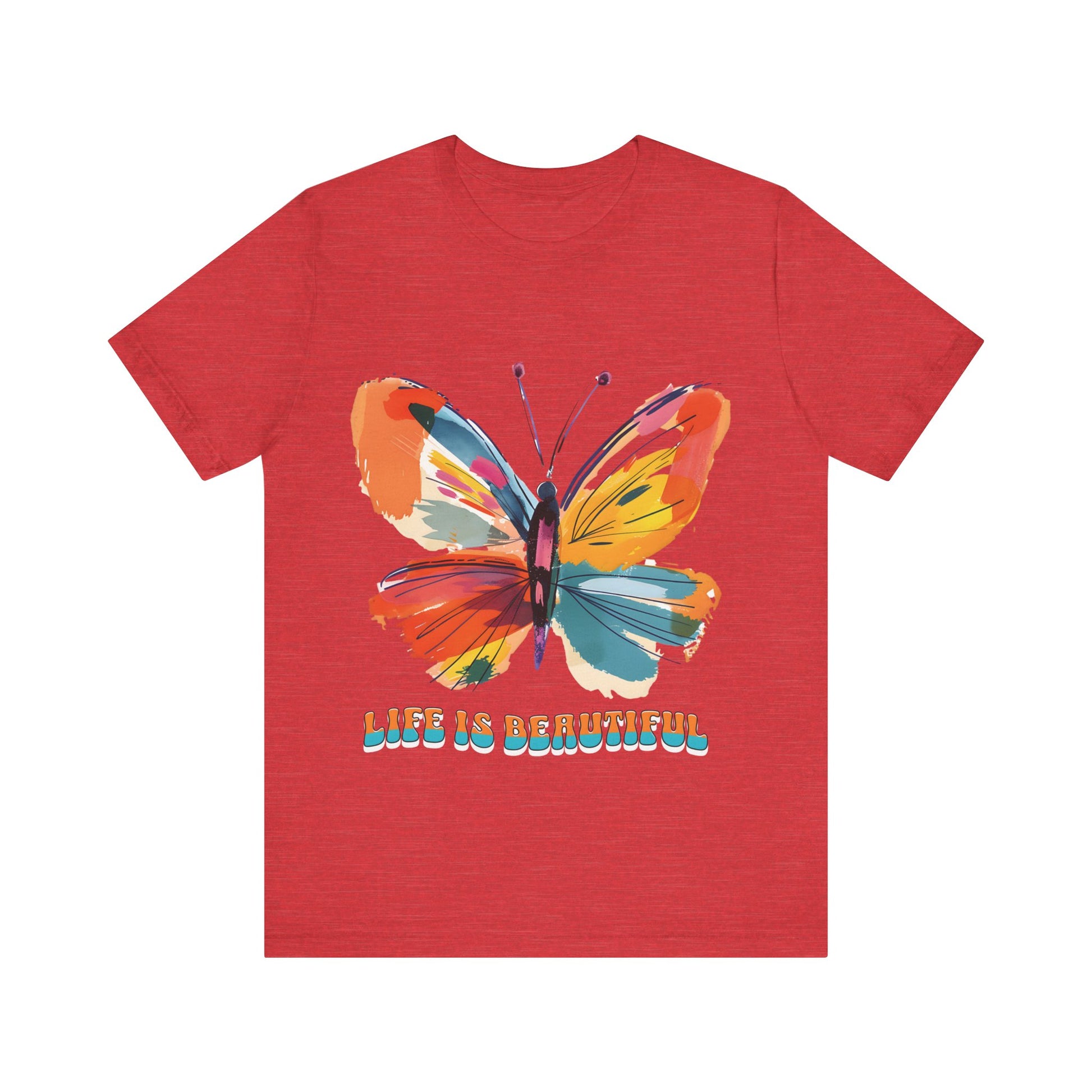 Colorful cartoon-style butterfly with vibrant wings and the text 'Life is Beautiful' designed for t-shirts in colors including Aqua, Athletic Heather, Berry, Black, Dark Grey Heather, Heather Red, Heather Team Purple, Heather True Royal, White, and Charity Pink