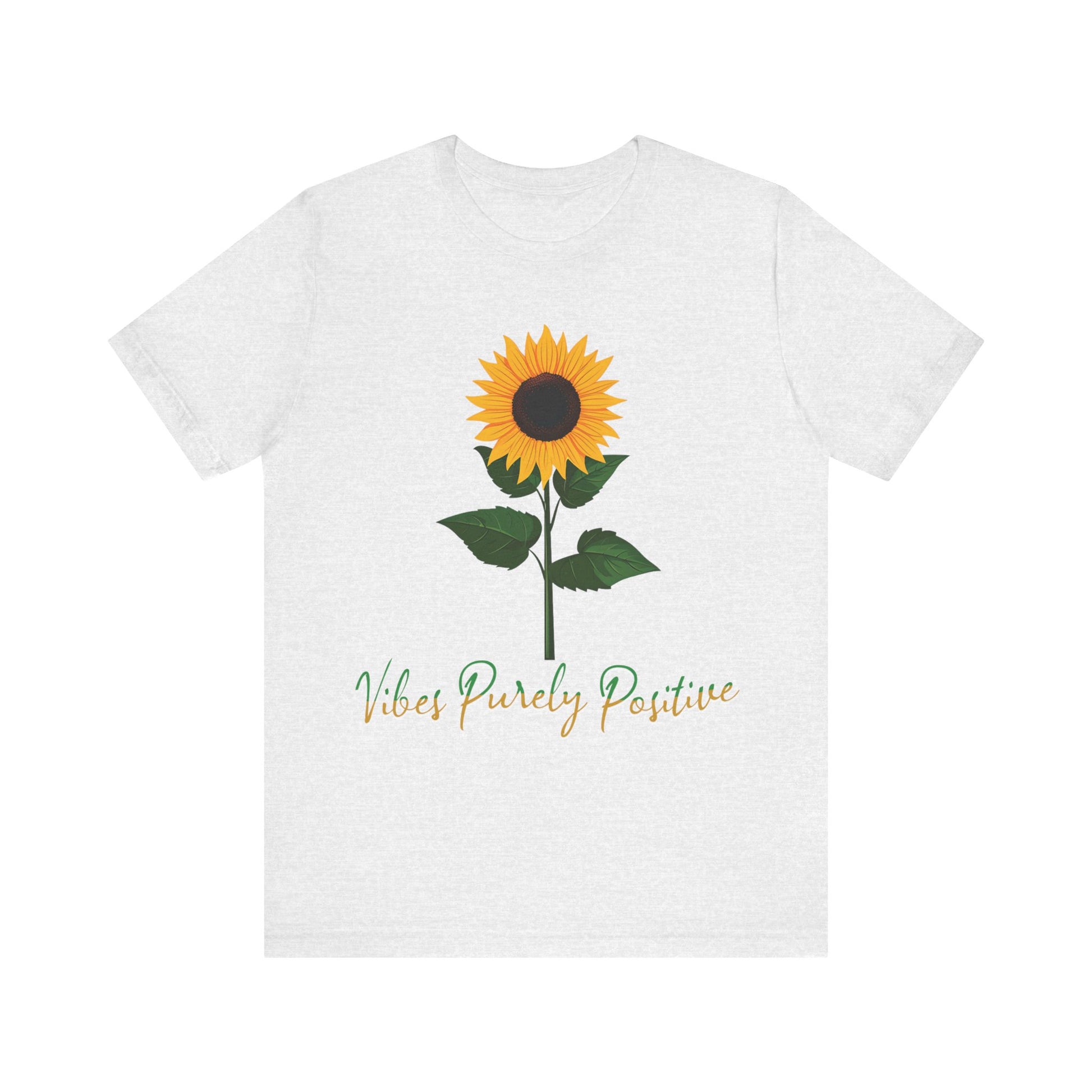 Sunflower illustration with 'Vibes Purely Positive' phrase - a vibrant sunflower with yellow petals and dark brown center, green leaves on a stem, conveying a positive message printed in t-shirts of different colors like "Army Athletic Heather Berry Black Heather Navy Heather Team Purple Navy White Ash Heather Aqua"