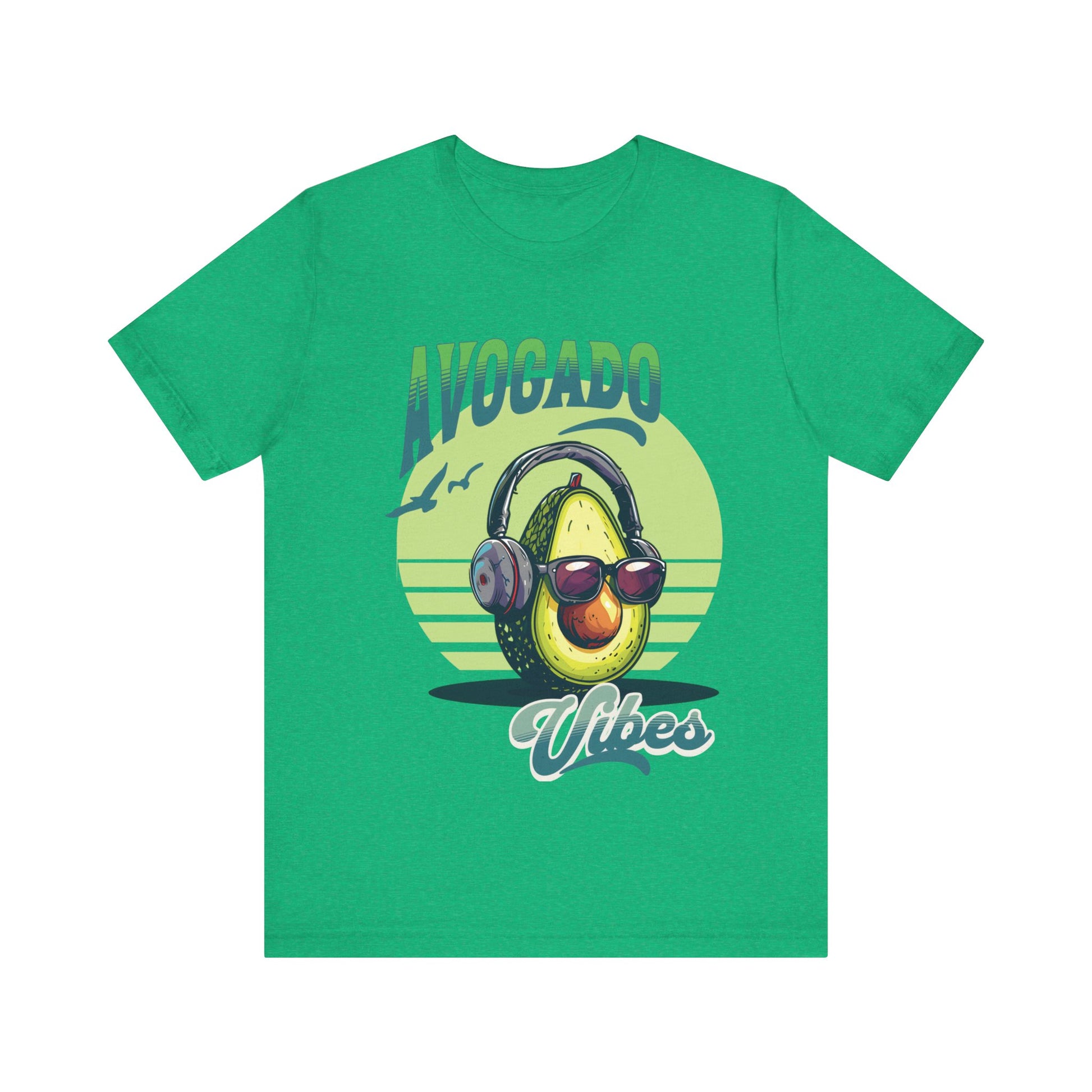 Avocado with headphones and glasses design on Bella Canvas 3001 T-shirt available in Aqua, Athletic Heather, Berry, Black, Dark Grey Heather, Heather Kelly, Heather Navy, Heather Red, Heather Team Purple, Navy, True Royal, White, Heather Aqua.