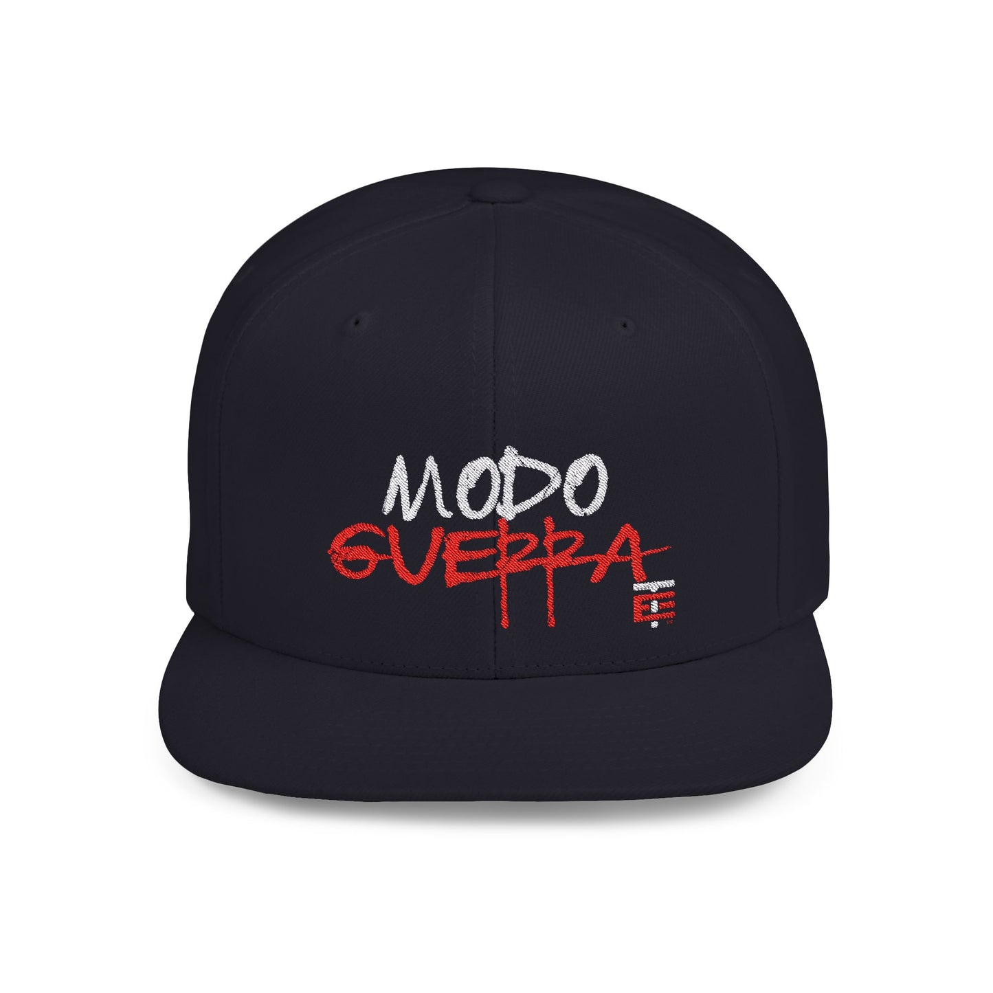 Front view of the Modo Guerra Snapback Cap in navy blue with bold red embroidery By el Temach